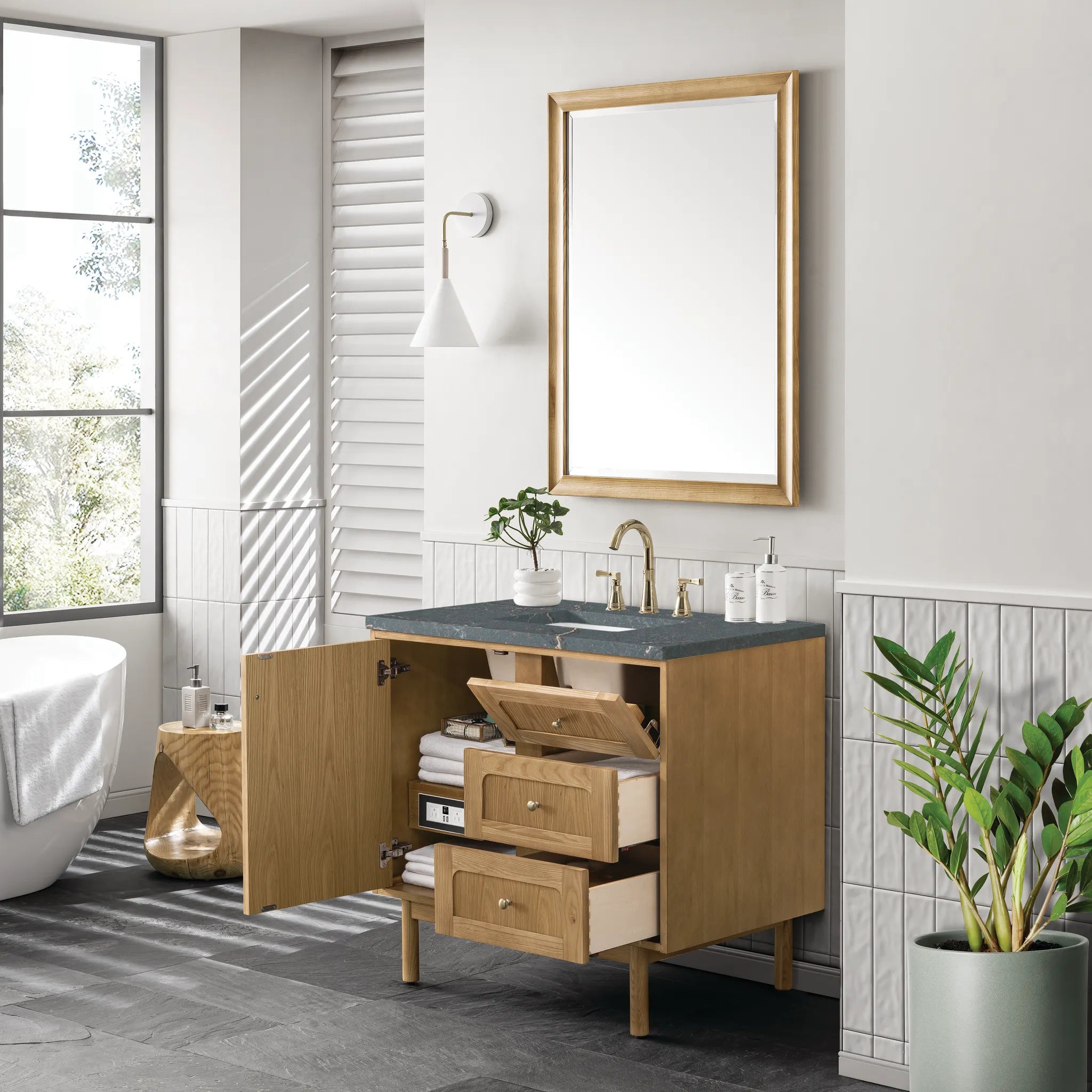 36" Laurent Single Vanity in Light Natural Oak-Parisien Bleu Silestone-8" Widespread image 6