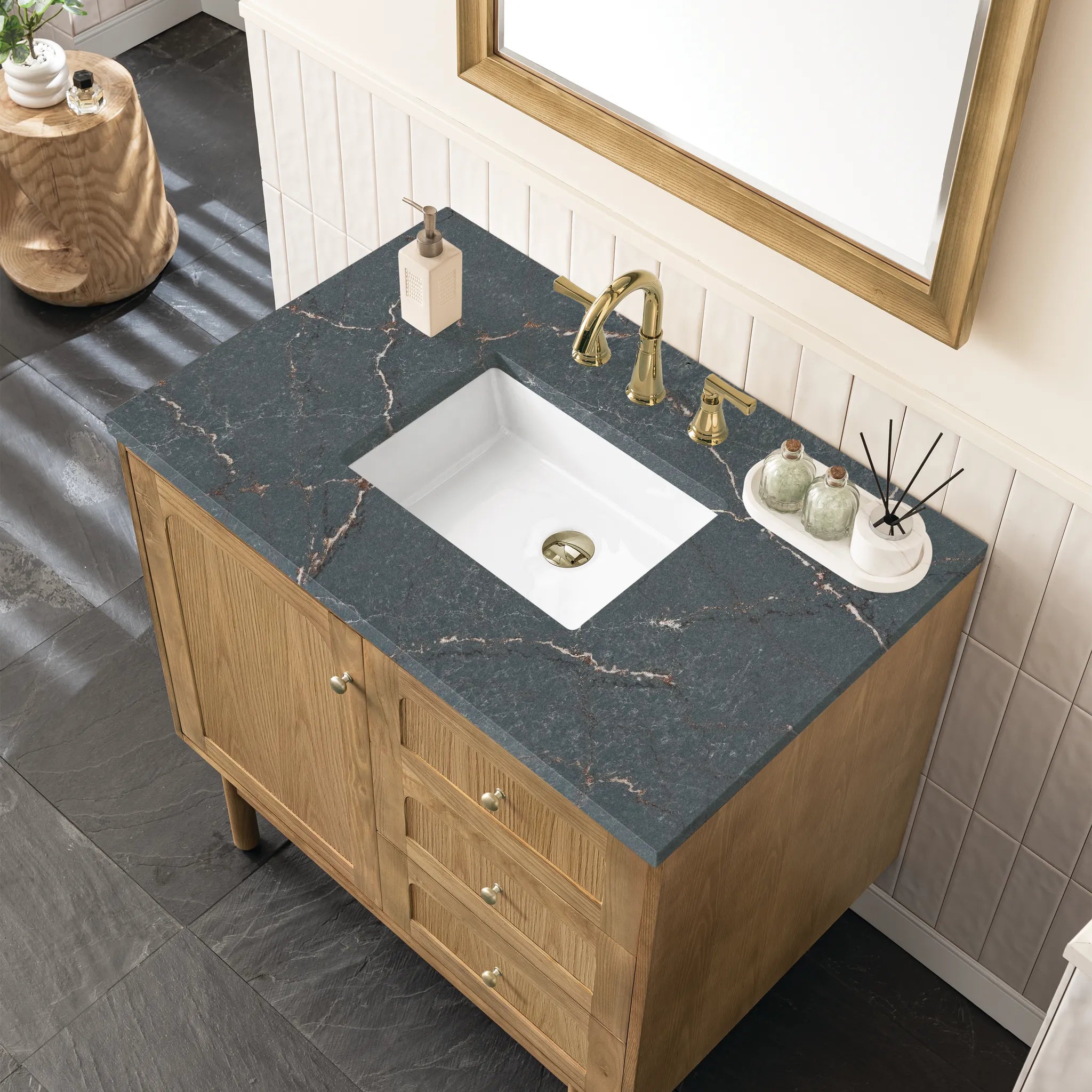 36" Laurent Single Vanity in Light Natural Oak-Parisien Bleu Silestone-8" Widespread image 9