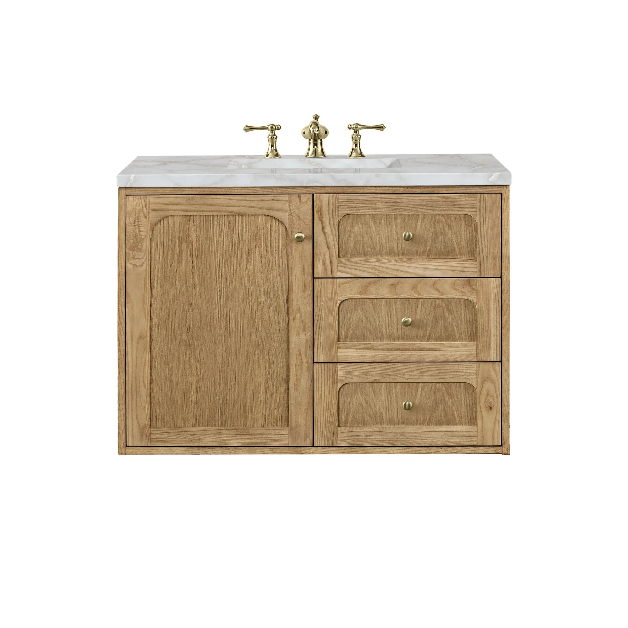 36" Laurent Single Vanity in Light Natural Oak-Victorian Silver Silestone-8" Widespread image 1