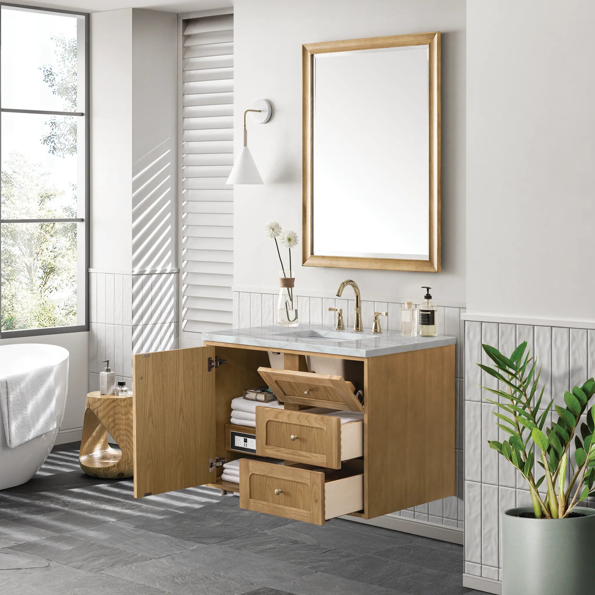 36" Laurent Single Vanity in Light Natural Oak-Victorian Silver Silestone-8" Widespread image 7