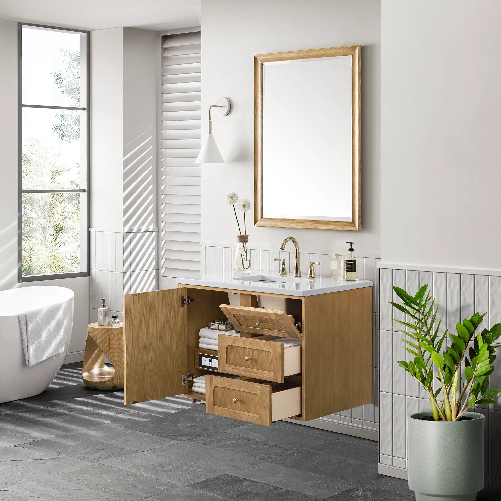 36" Laurent Single Vanity in Light Natural Oak-White Zeus Silestone-8" Widespread image 5