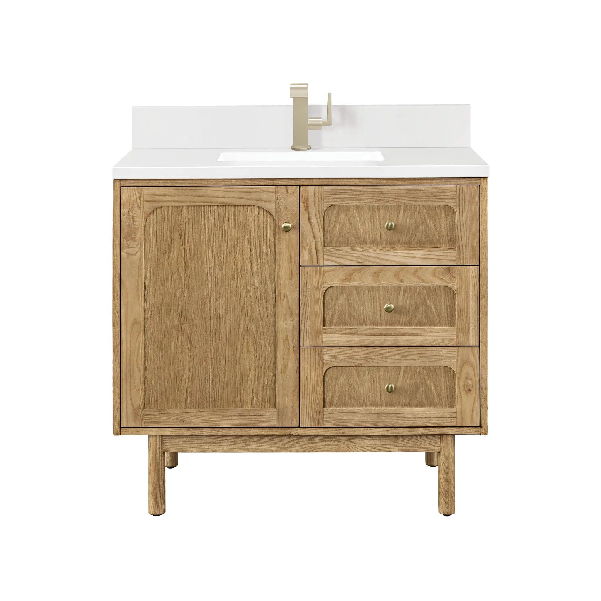 36" Laurent Single Vanity in Light Natural Oak-White Zeus Silestone & Backsplash-Single Hole image 1