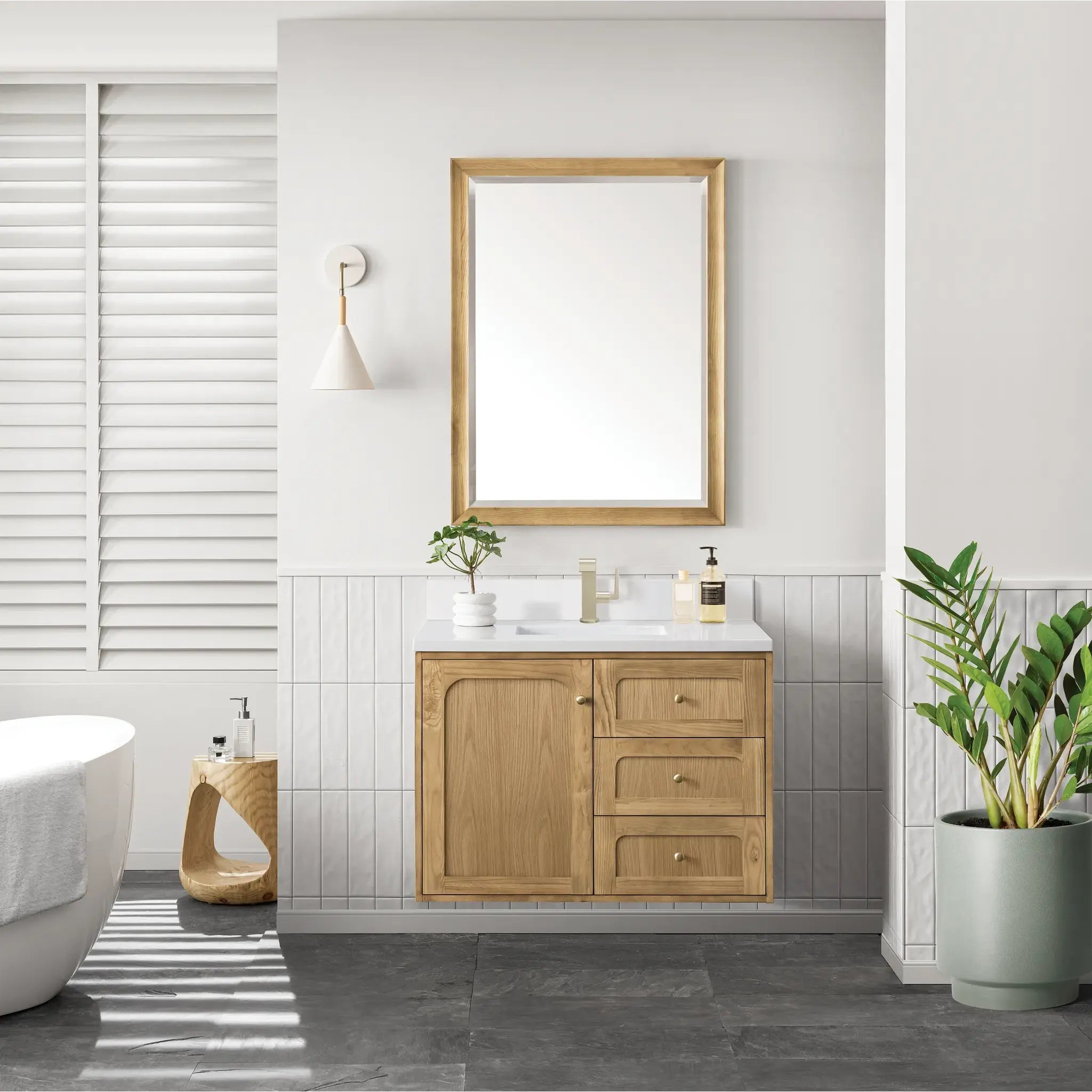 36" Laurent Single Vanity in Light Natural Oak-White Zeus Silestone & Backsplash-Single Hole image 2