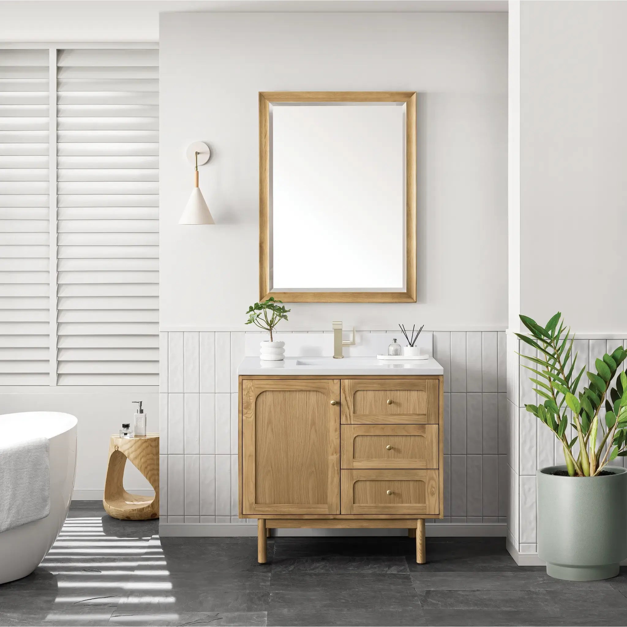 36" Laurent Single Vanity in Light Natural Oak-White Zeus Silestone & Backsplash-Single Hole image 3