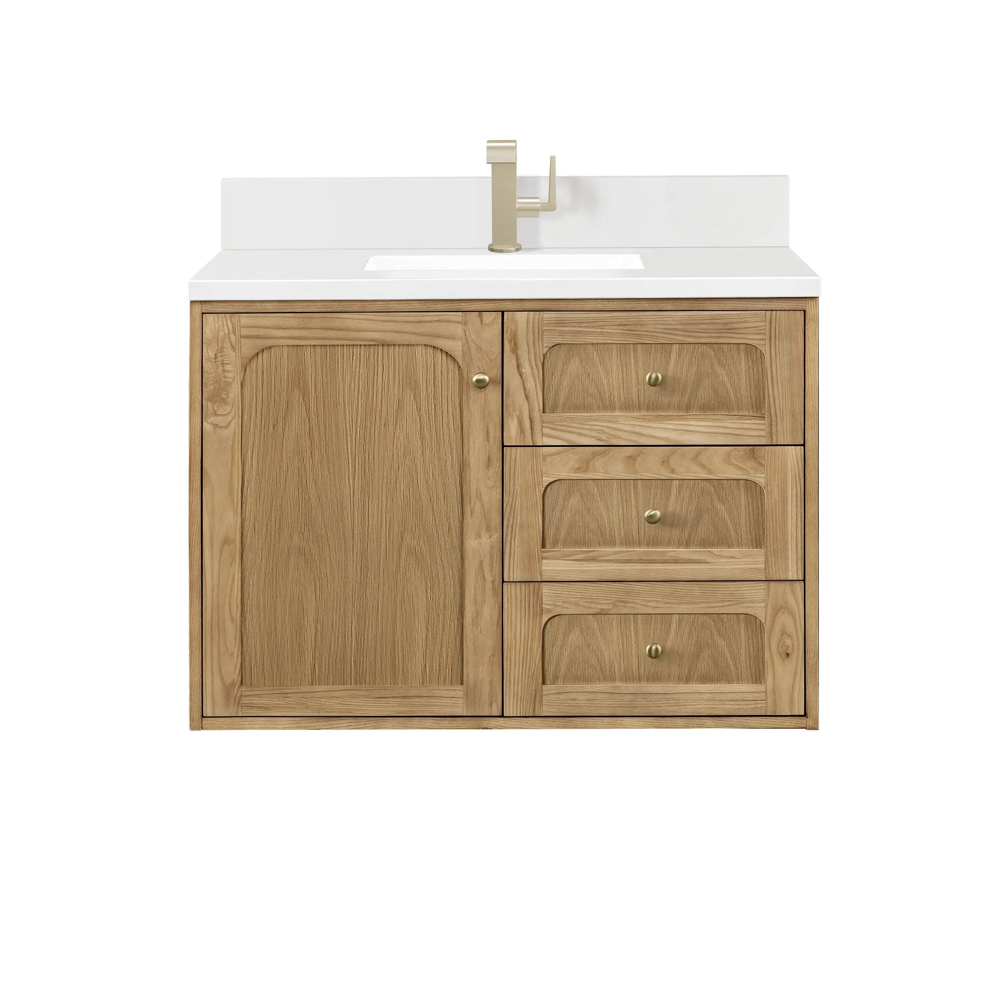 36" Laurent Single Vanity in Light Natural Oak-White Zeus Silestone & Backsplash-Single Hole image