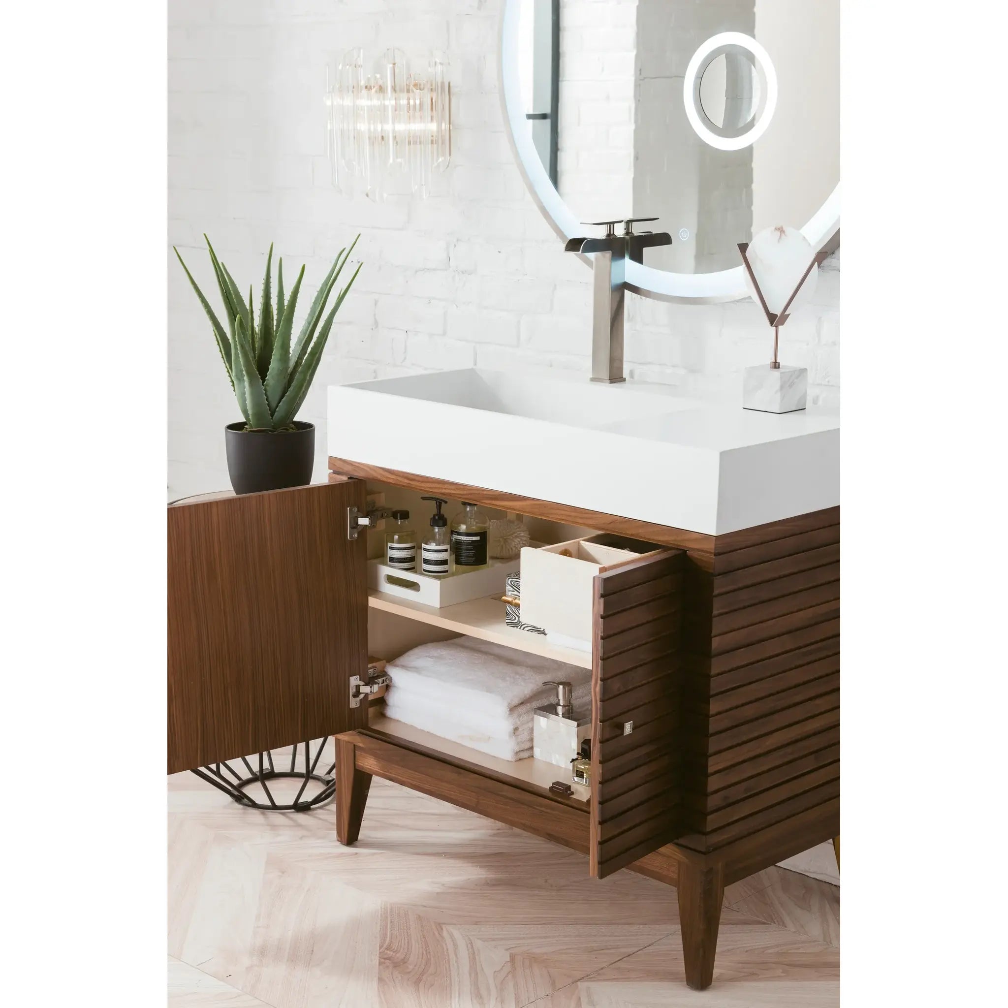 36" Linear Single Vanity in Mid-Century Walnut-Glossy White image 3
