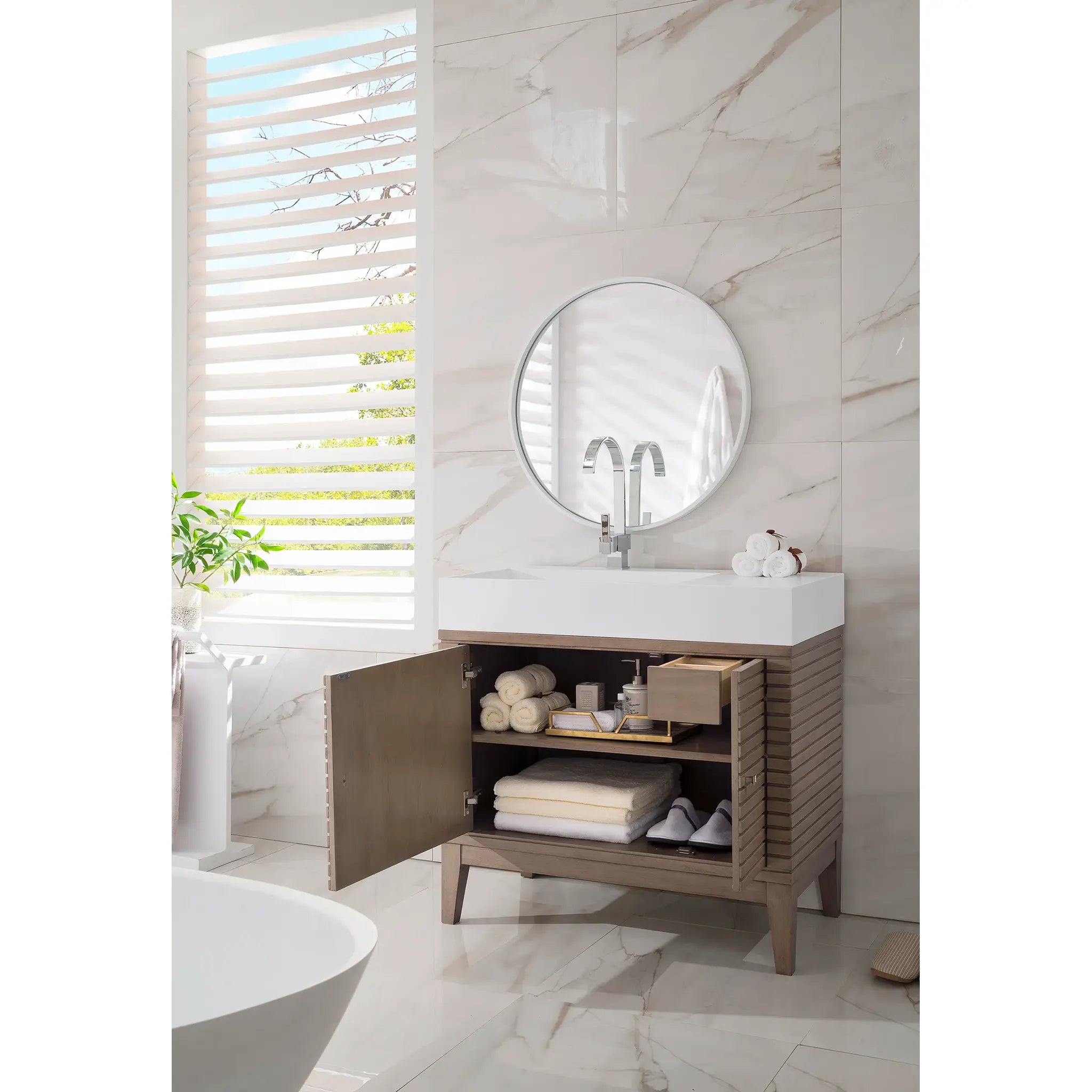 36" Linear Single Vanity in Whitewashed Walnut-Glossy White image 3