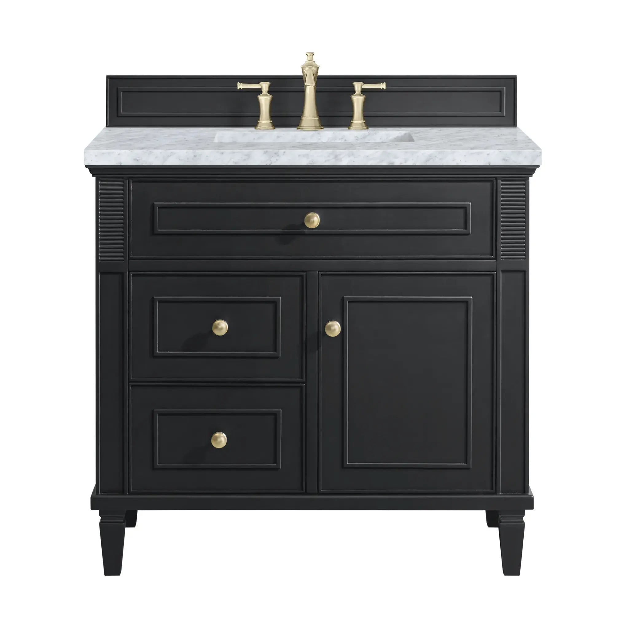 36" Lorelai Single Vanity in Black Onyx-Carrara White Marble-8" Widespread image
