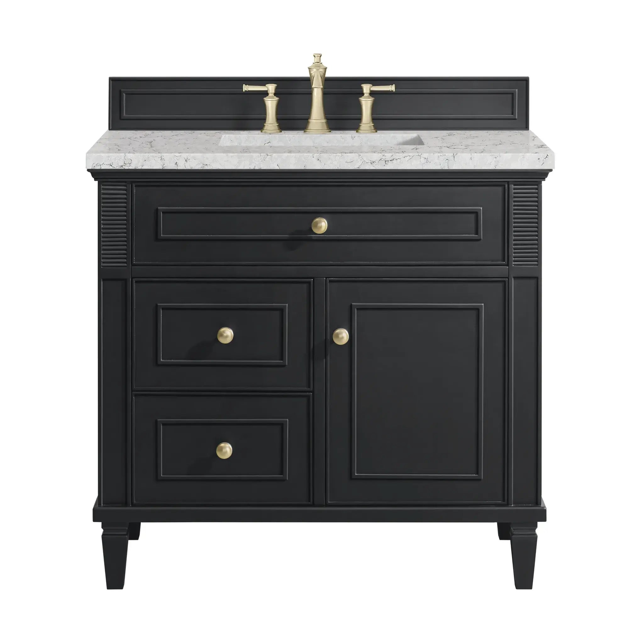 36" Lorelai Single Vanity in Black Onyx-Eternal Jasmine Pearl Silestone-8" Widespread image