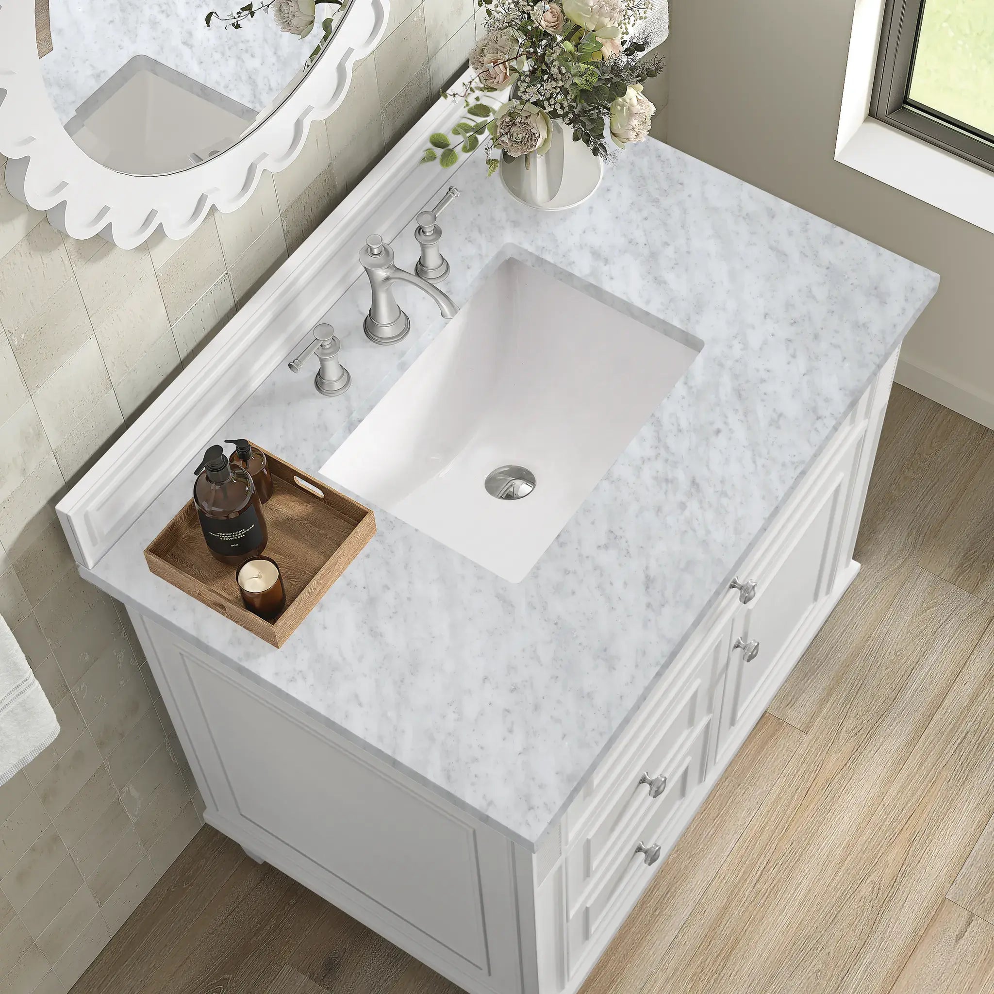 36" Lorelai Single Vanity in Bright White-Carrara White Marble-8" Widespread image 6