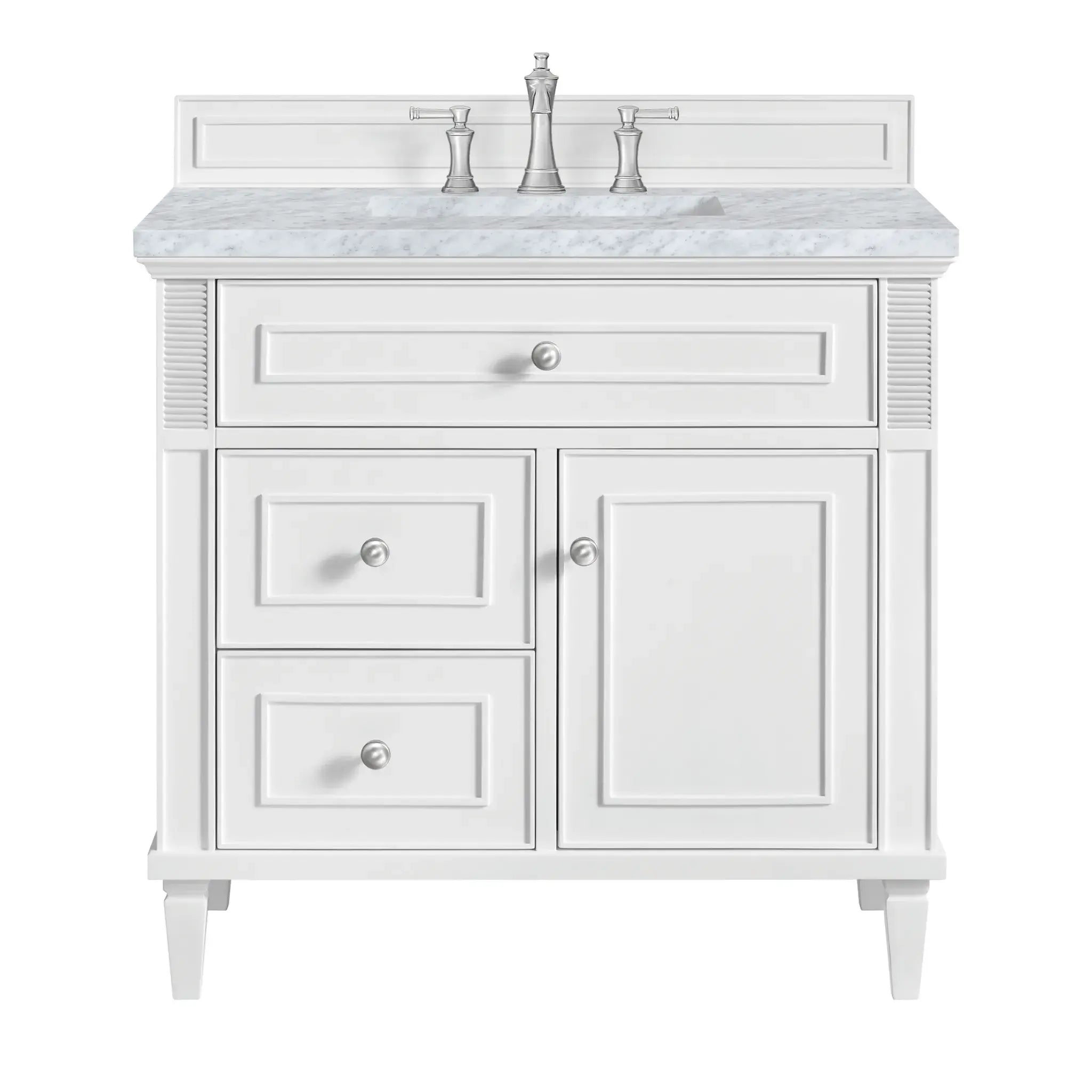 36" Lorelai Single Vanity in Bright White-Carrara White Marble-8" Widespread image