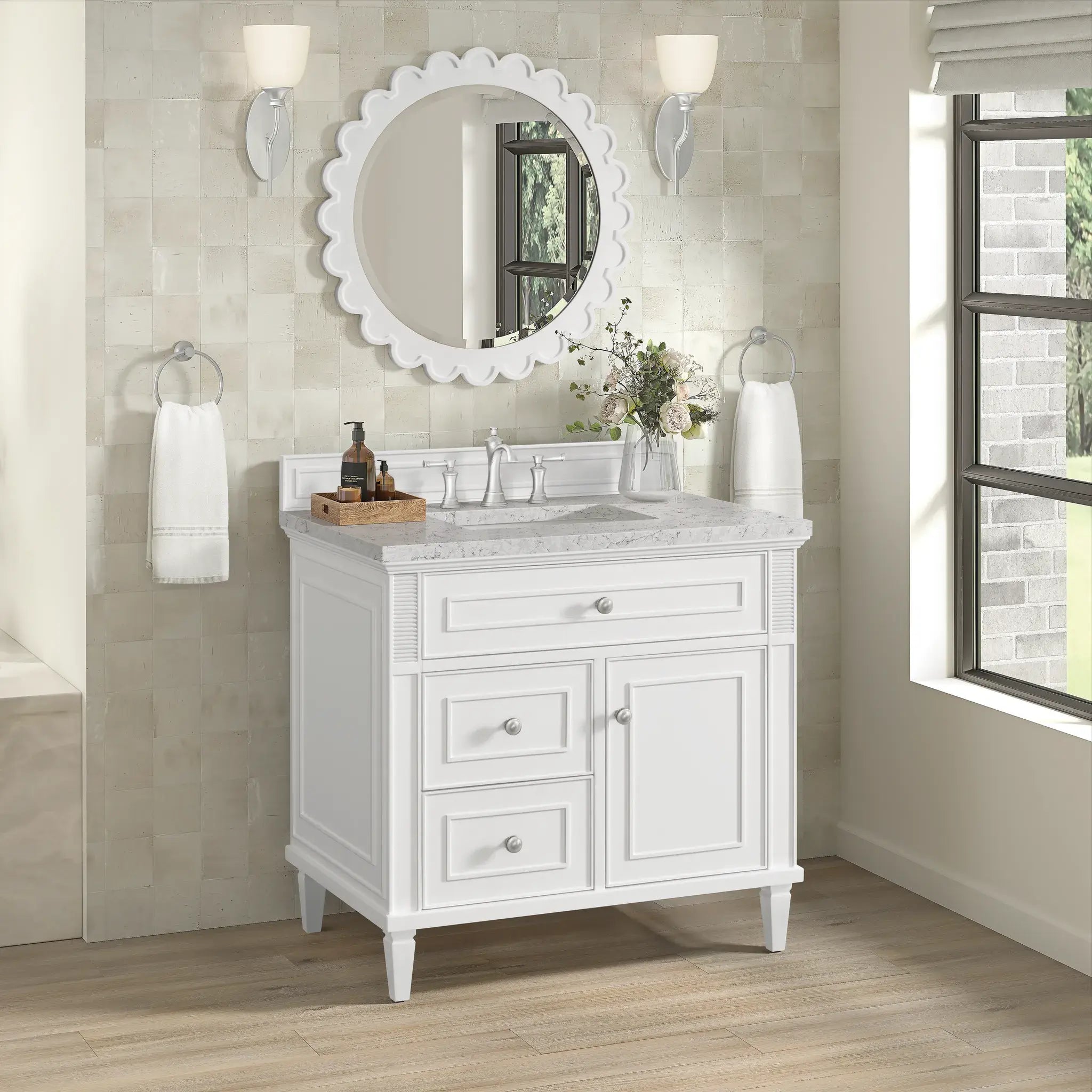 36" Lorelai Single Vanity in Bright White-Eternal Jasmine Pearl Silestone-8" Widespread image 3
