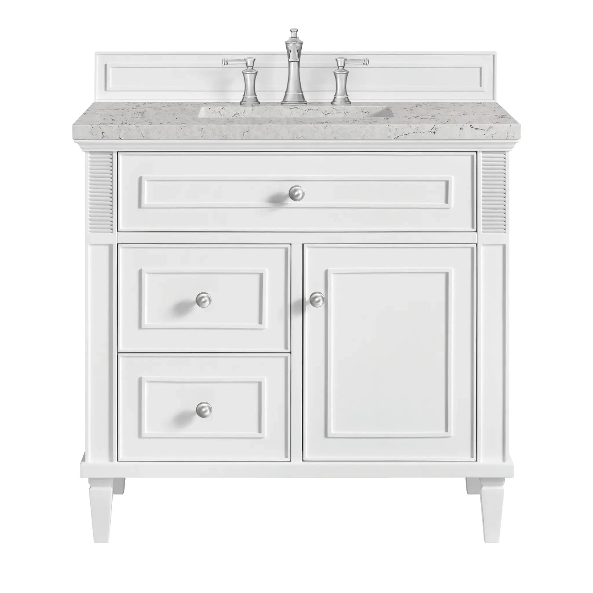 36" Lorelai Single Vanity in Bright White-Eternal Jasmine Pearl Silestone-8" Widespread image