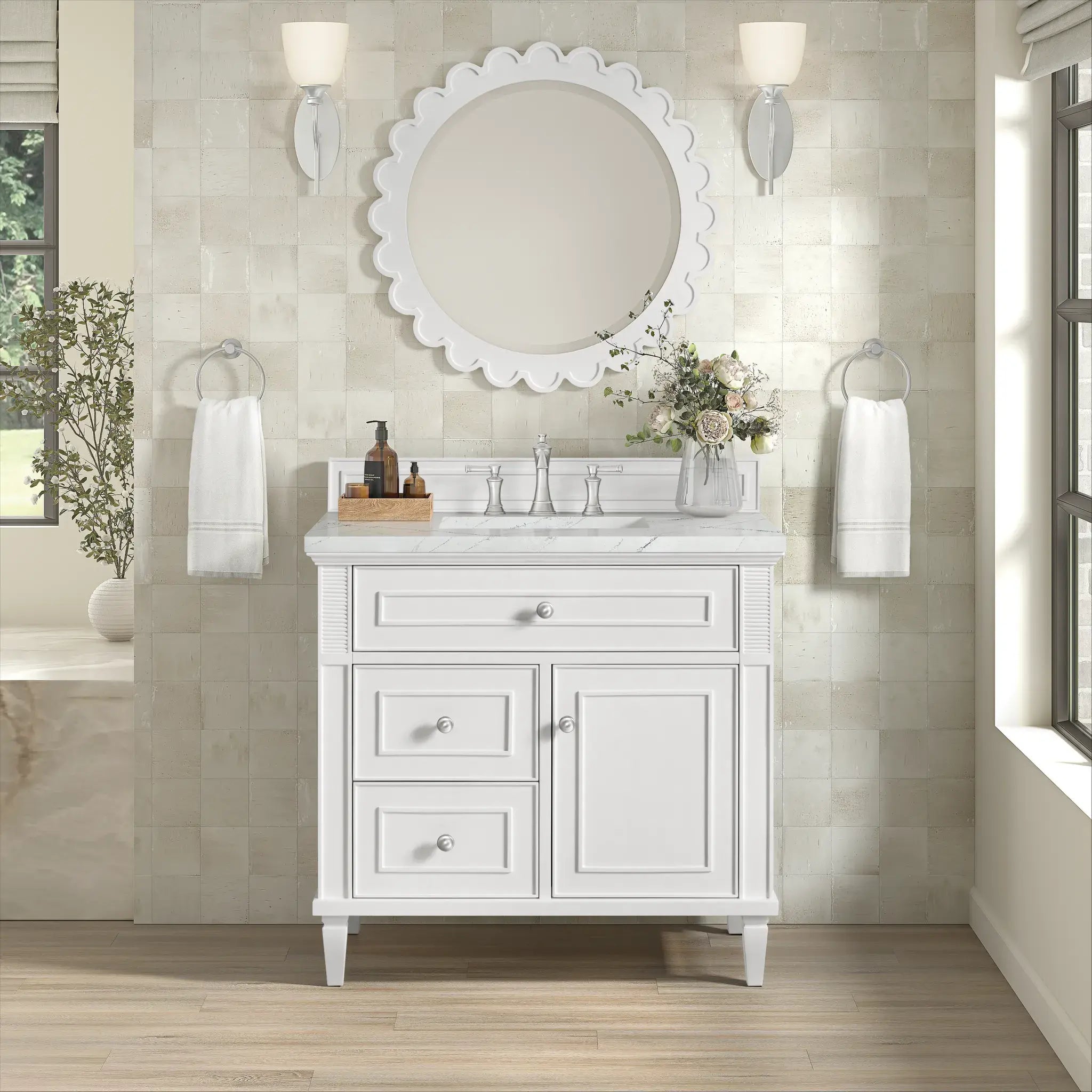 36" Lorelai Single Vanity in Bright White-Ethereal Noctis Silestone-8" Widespread image 2