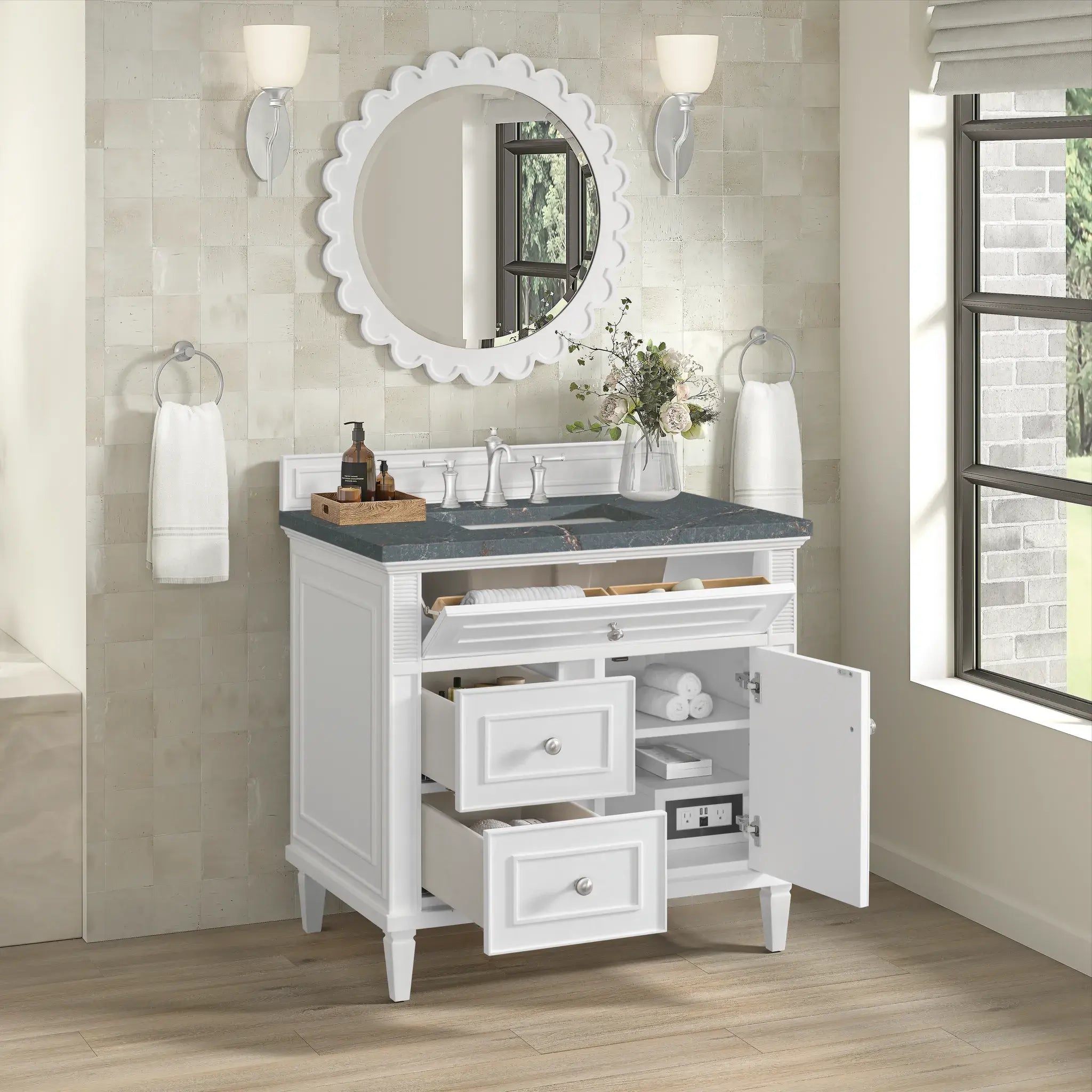 36" Lorelai Single Vanity in Bright White-Parisien Bleu Silestone-8" Widespread image 4