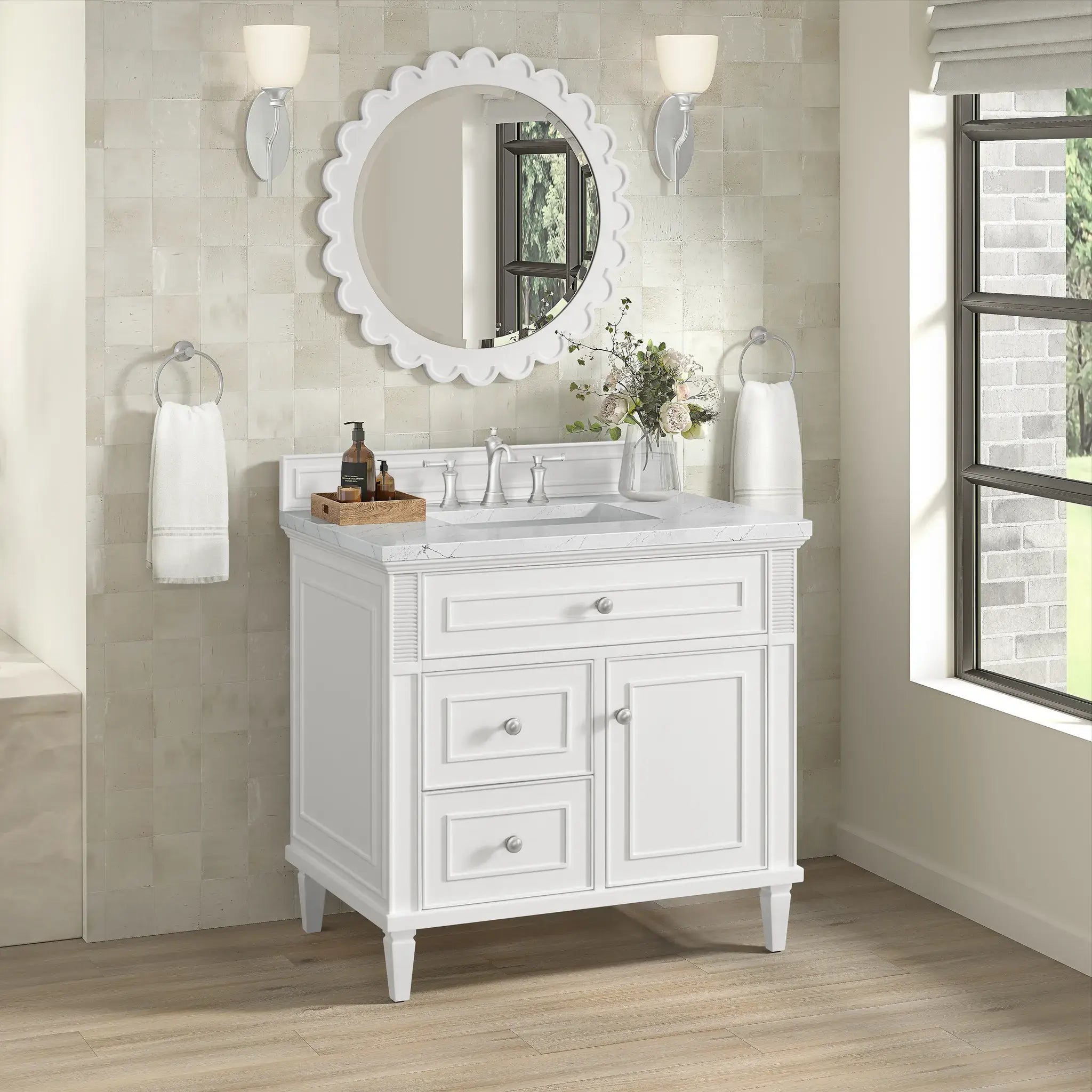 36" Lorelai Single Vanity in Bright White-White Zeus Silestone-8" Widespread image 3