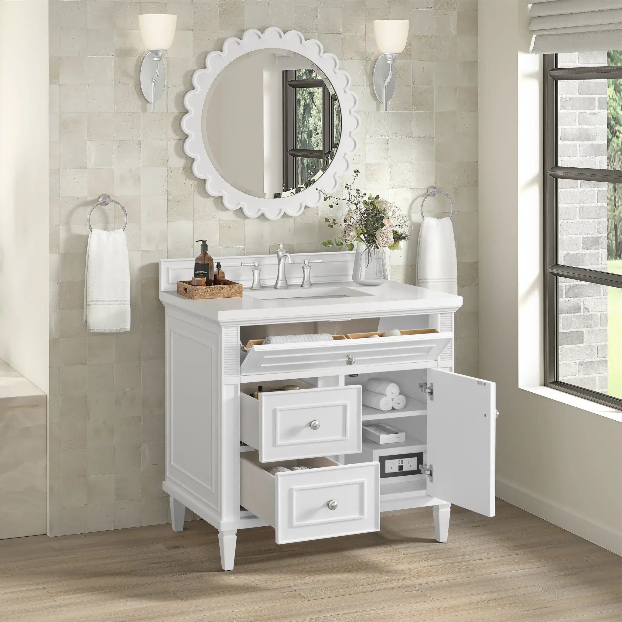36" Lorelai Single Vanity in Bright White-White Zeus Silestone-8" Widespread image 4