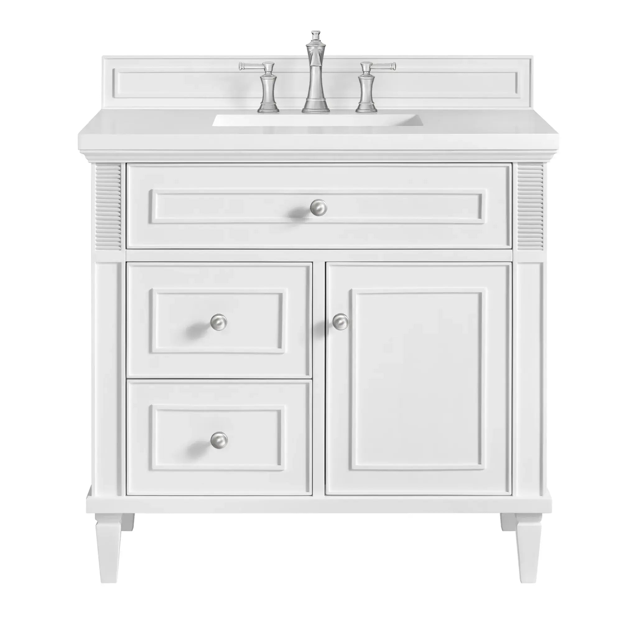 36" Lorelai Single Vanity in Bright White-White Zeus Silestone-8" Widespread image