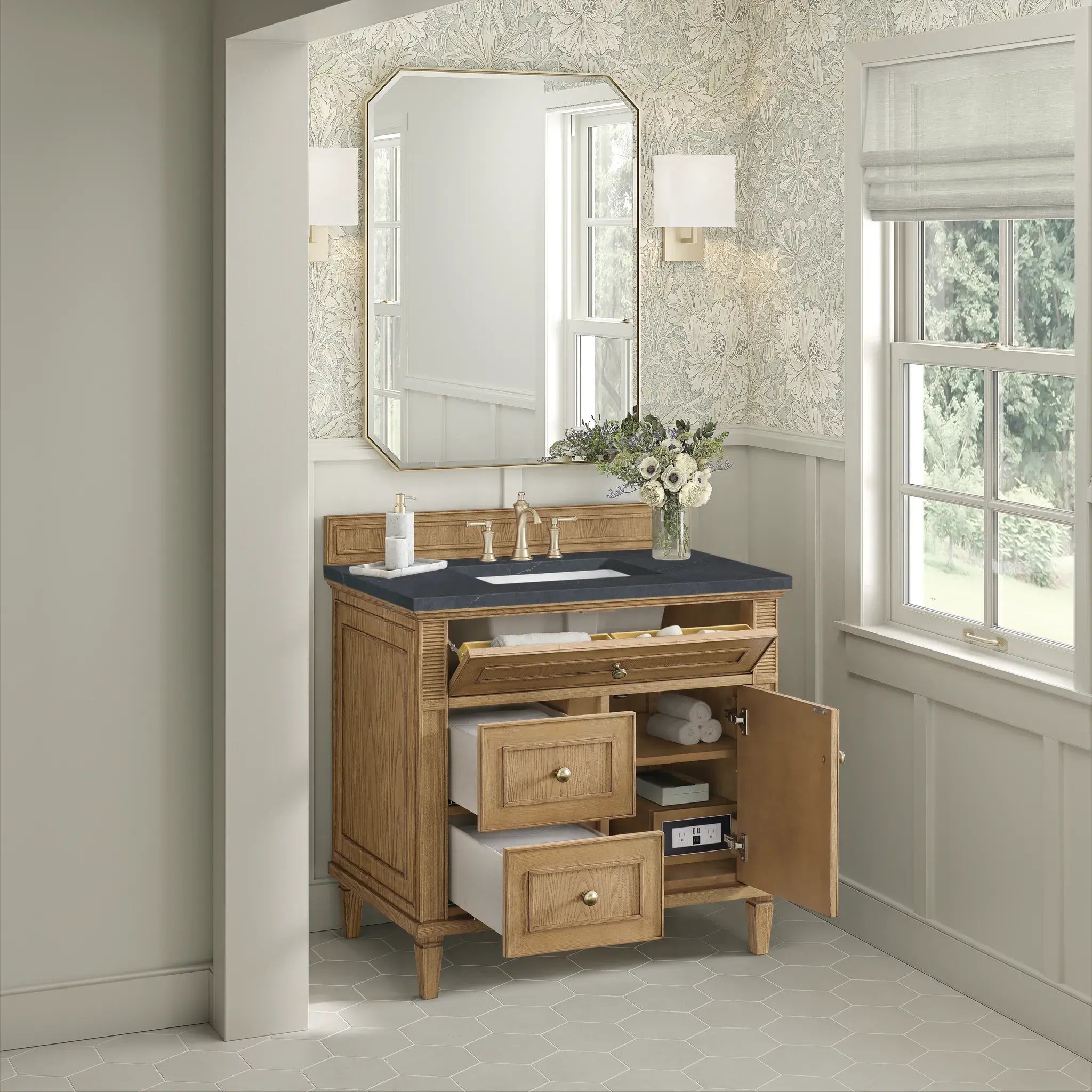 36" Lorelai Single Vanity in Light Natural Oak-Charcoal Soapstone Silestone-8" Widespread image 4