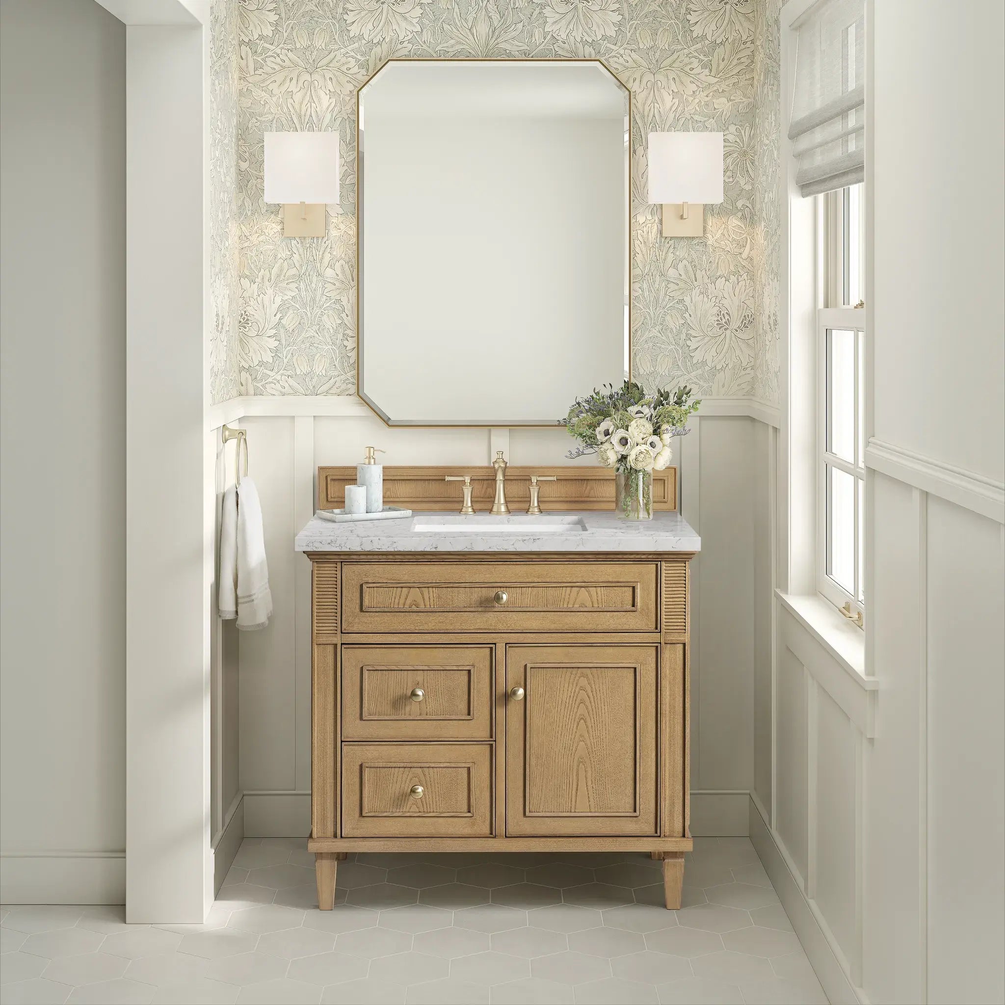 36" Lorelai Single Vanity in Light Natural Oak-Eternal Jasmine Pearl Silestone-8" Widespread image 2