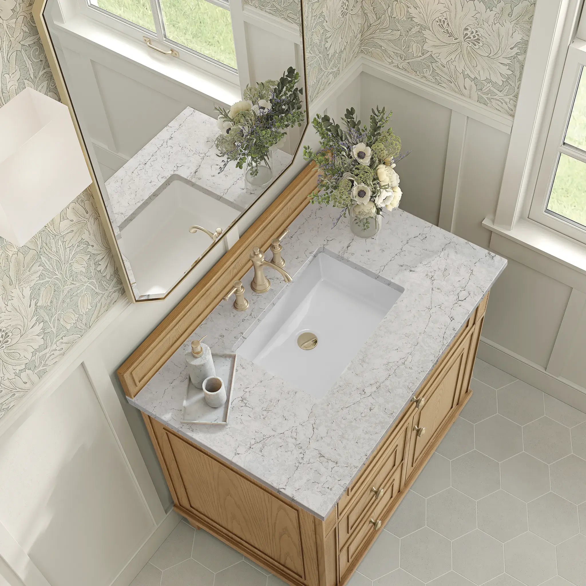 36" Lorelai Single Vanity in Light Natural Oak-Eternal Jasmine Pearl Silestone-8" Widespread image 6