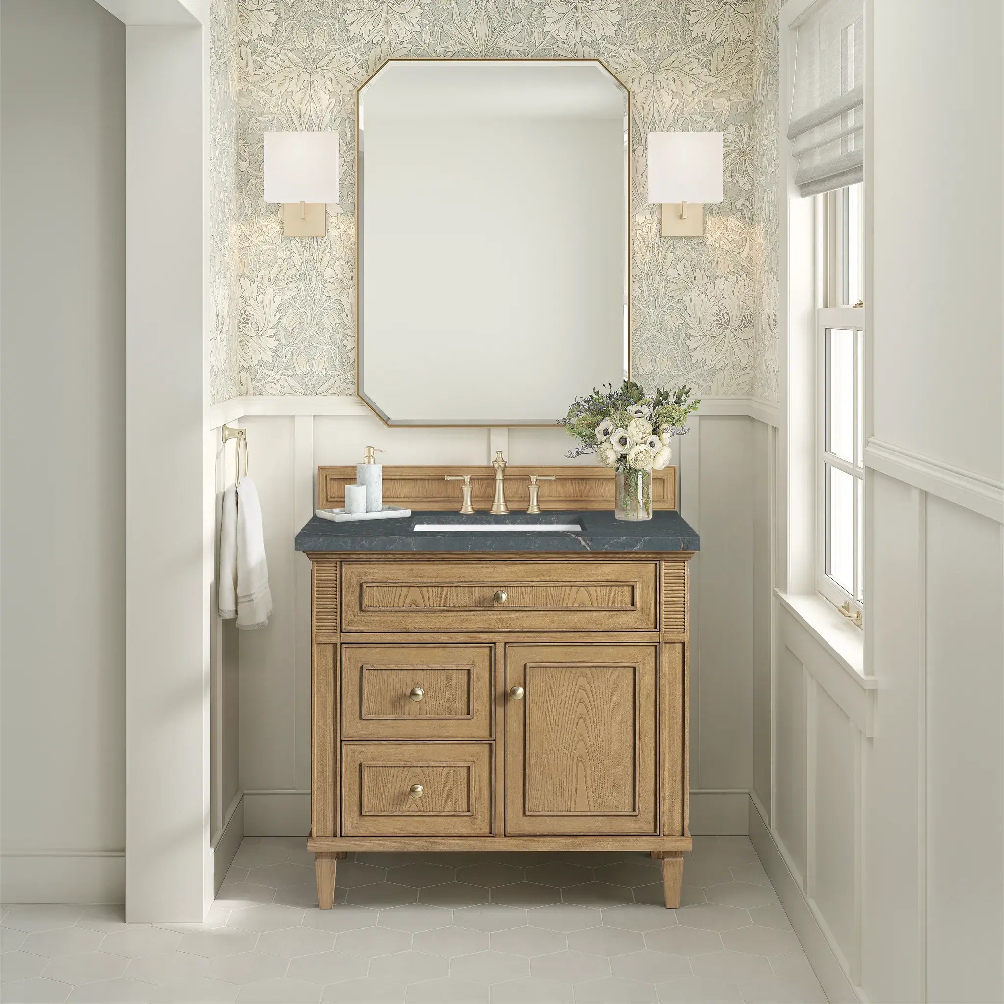 36" Lorelai Single Vanity in Light Natural Oak-Parisien Bleu Silestone-8" Widespread image 2