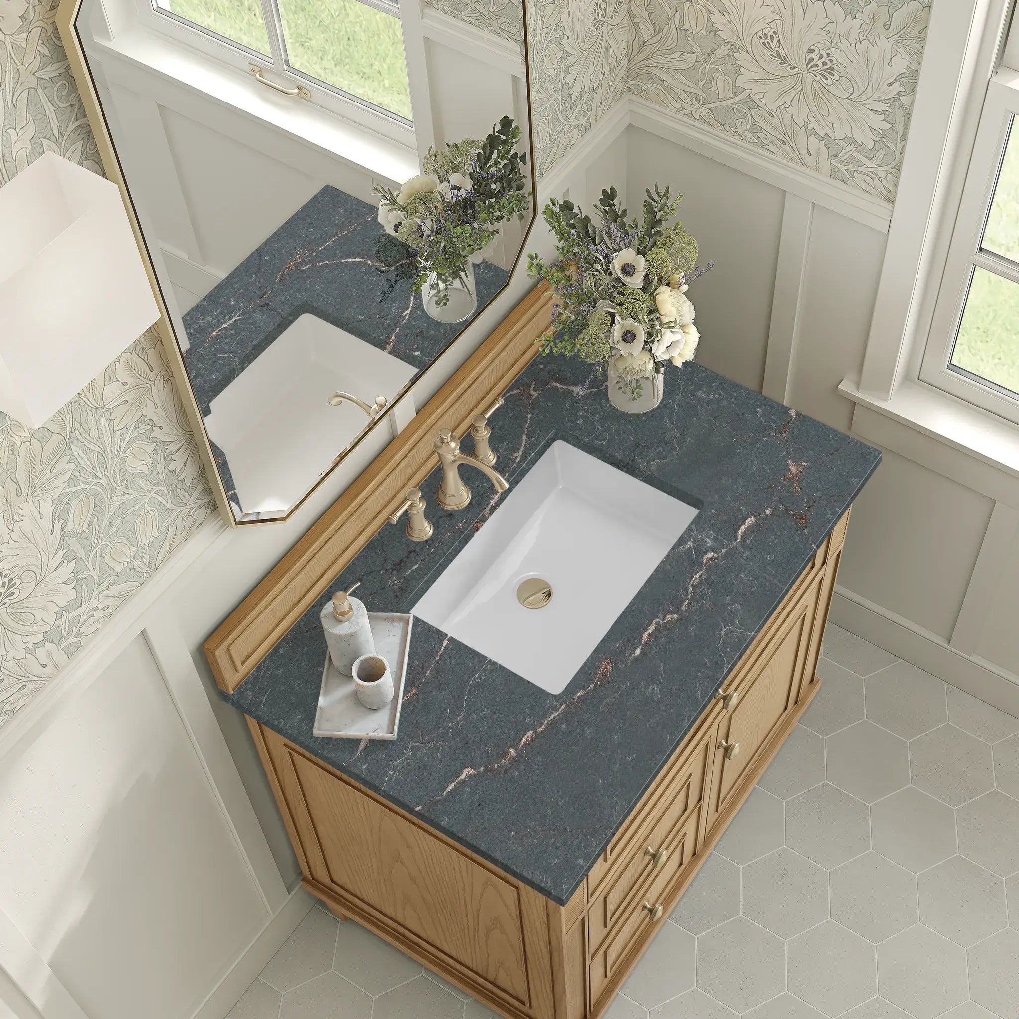 36" Lorelai Single Vanity in Light Natural Oak-Parisien Bleu Silestone-8" Widespread image 6