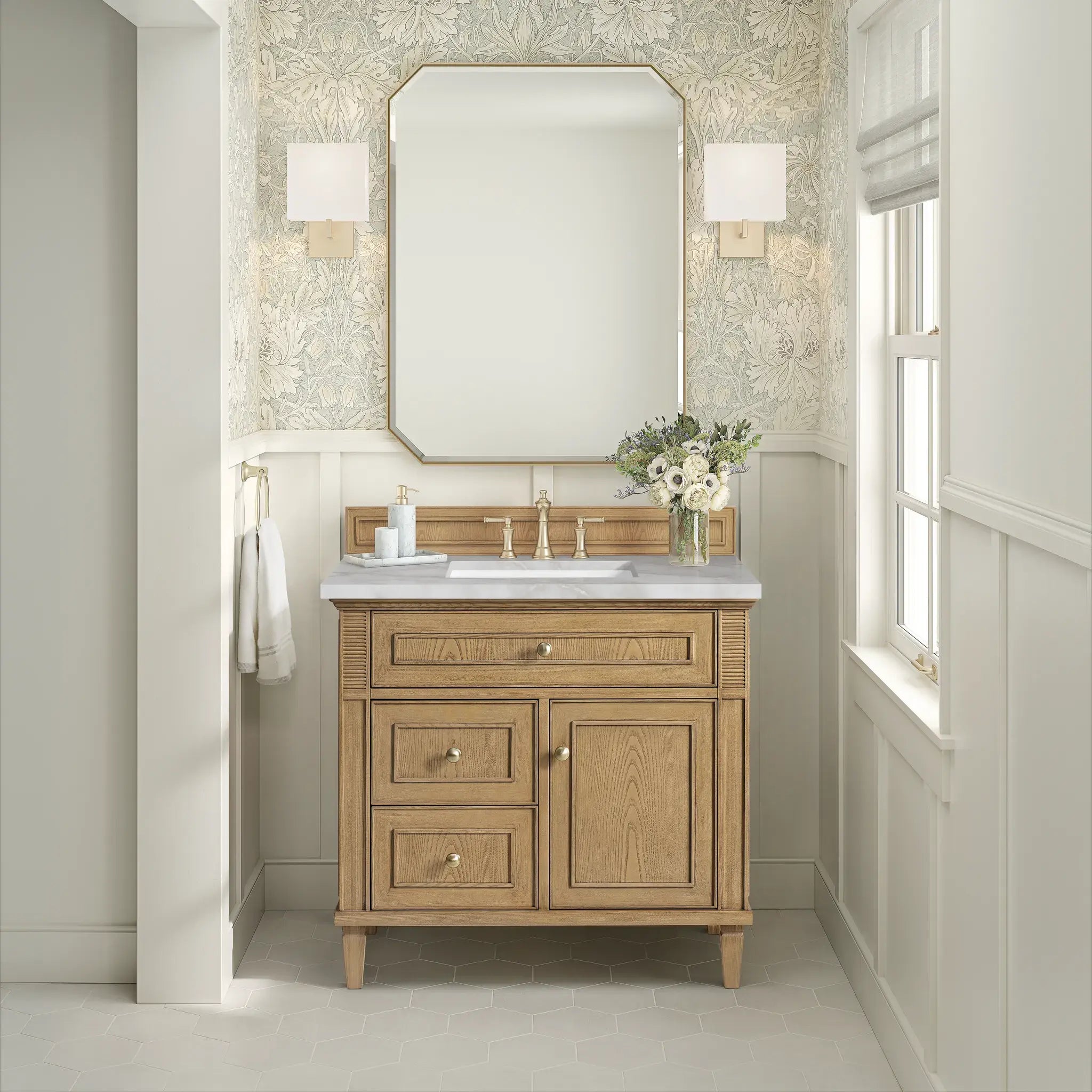 36" Lorelai Single Vanity in Light Natural Oak-Victorian Silver Silestone-8" Widespread image 2