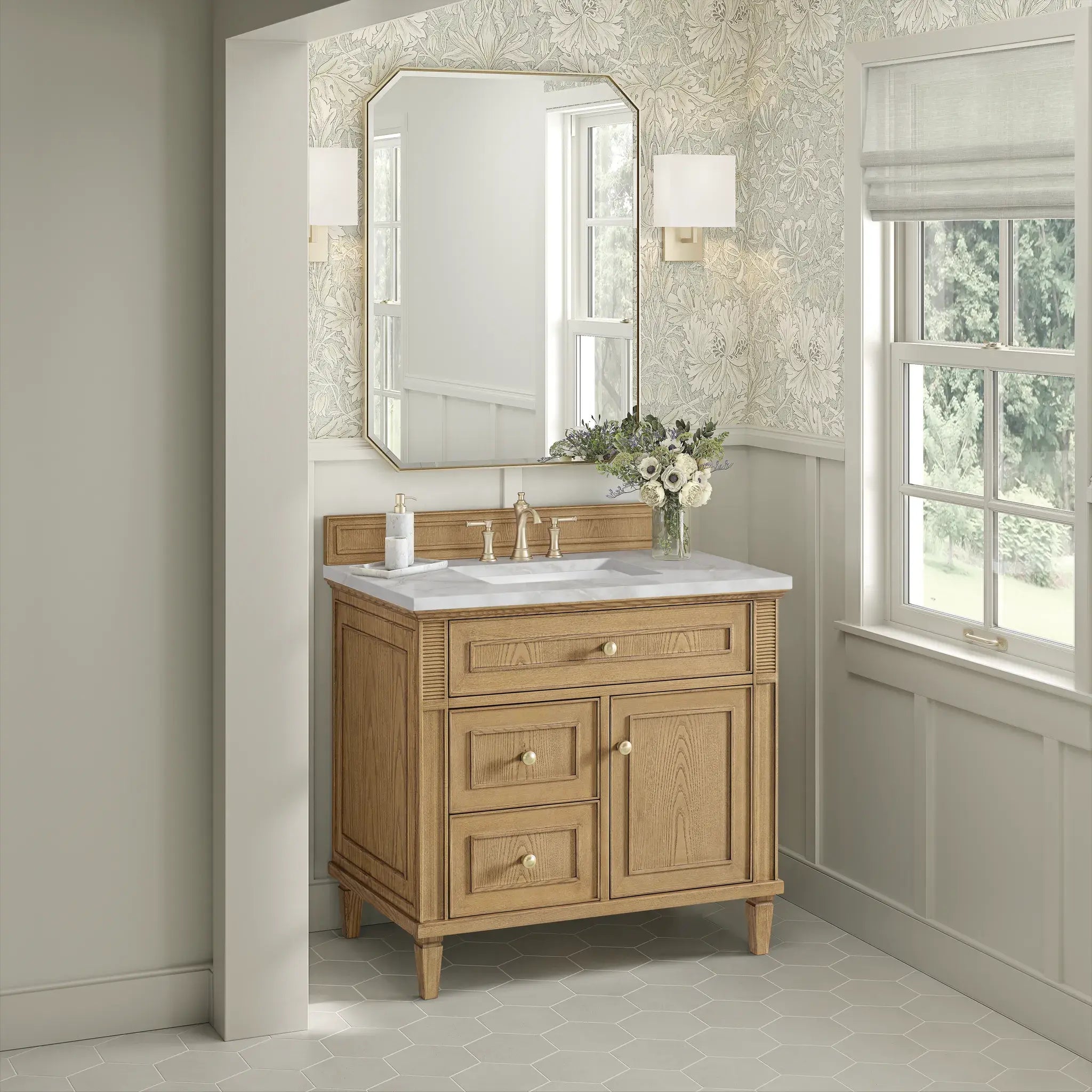 36" Lorelai Single Vanity in Light Natural Oak-Victorian Silver Silestone-8" Widespread image 3