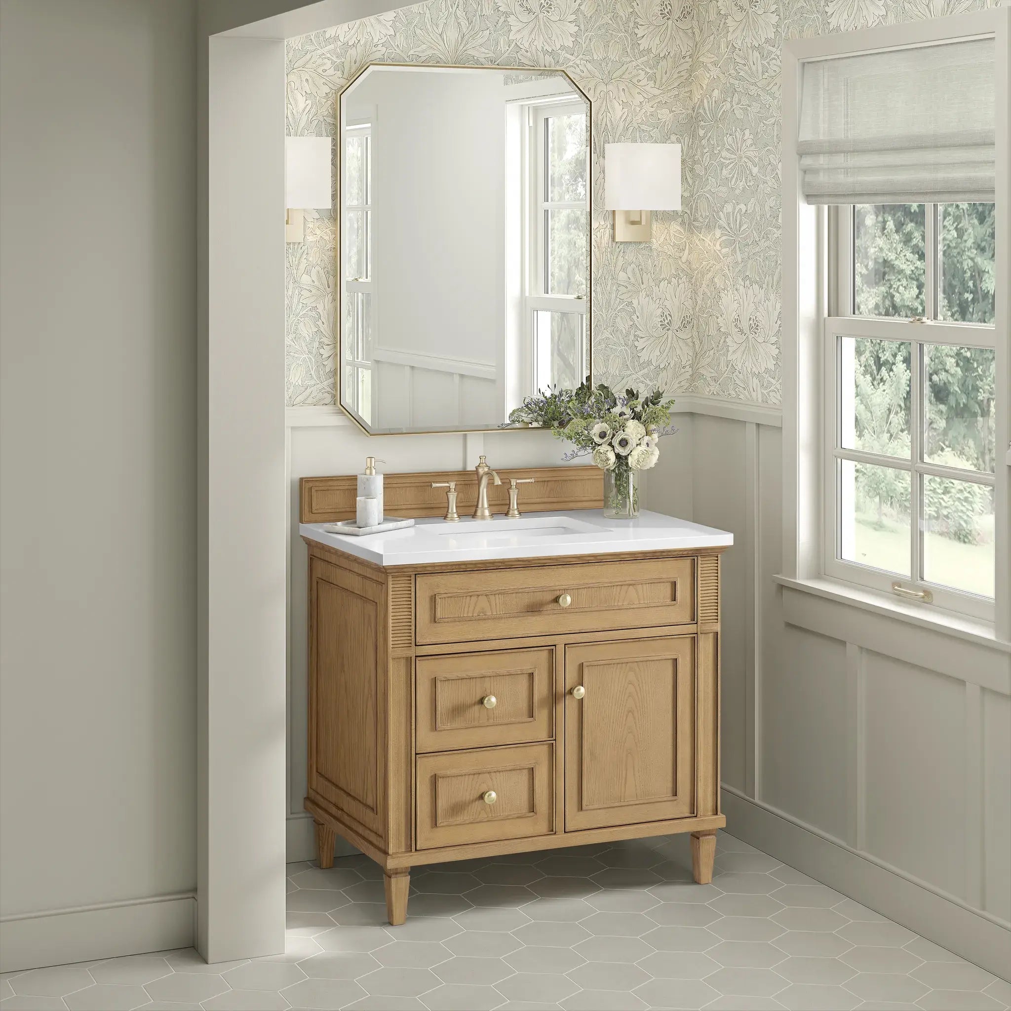 36" Lorelai Single Vanity in Light Natural Oak-White Zeus Silestone-8" Widespread image 3