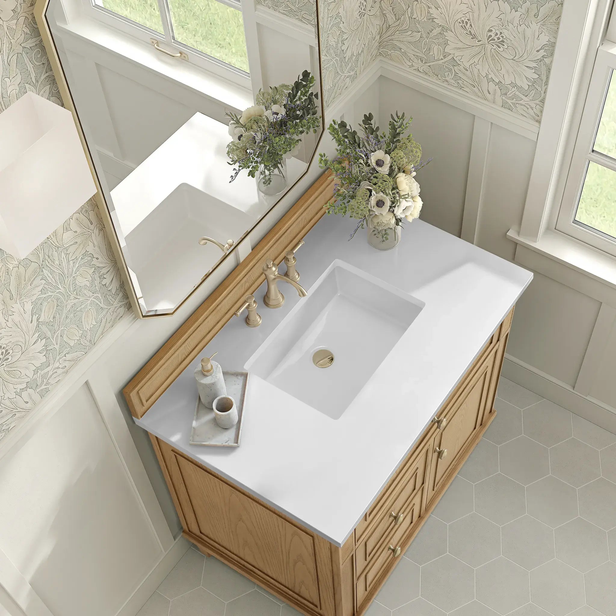 36" Lorelai Single Vanity in Light Natural Oak-White Zeus Silestone-8" Widespread image 6