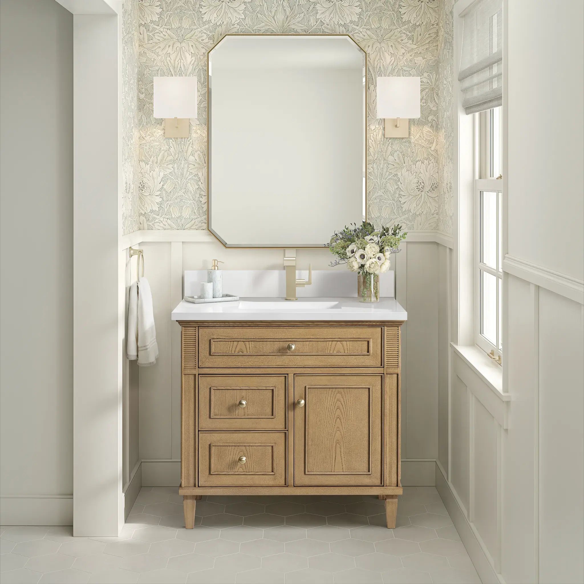 36" Lorelai Single Vanity in Light Natural Oak-White Zeus Silestone & Backsplash-Single Hole image 1