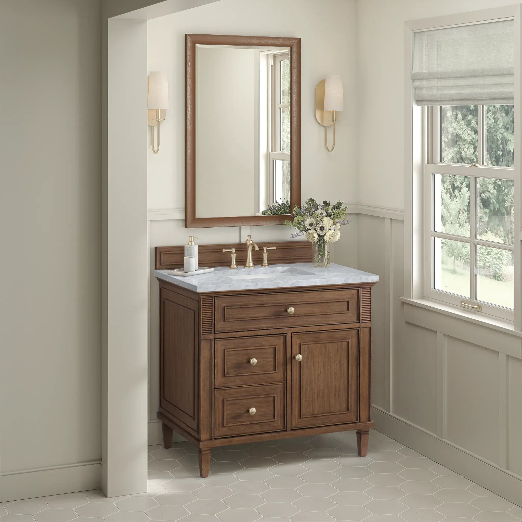 36" Lorelai Single Vanity in Mid-Century Walnut-Carrara White Marble-8" Widespread image 4