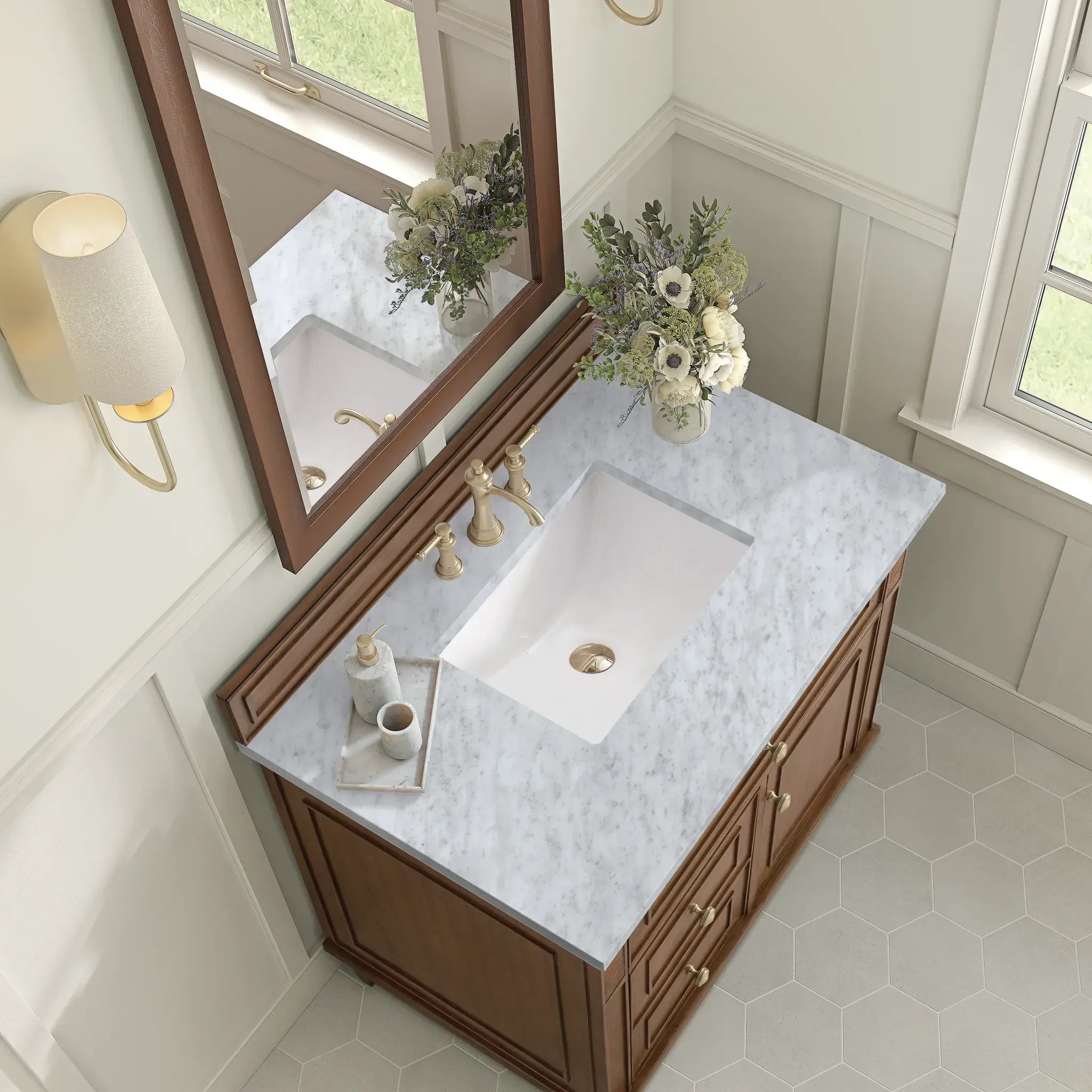 36" Lorelai Single Vanity in Mid-Century Walnut-Carrara White Marble-8" Widespread image 7