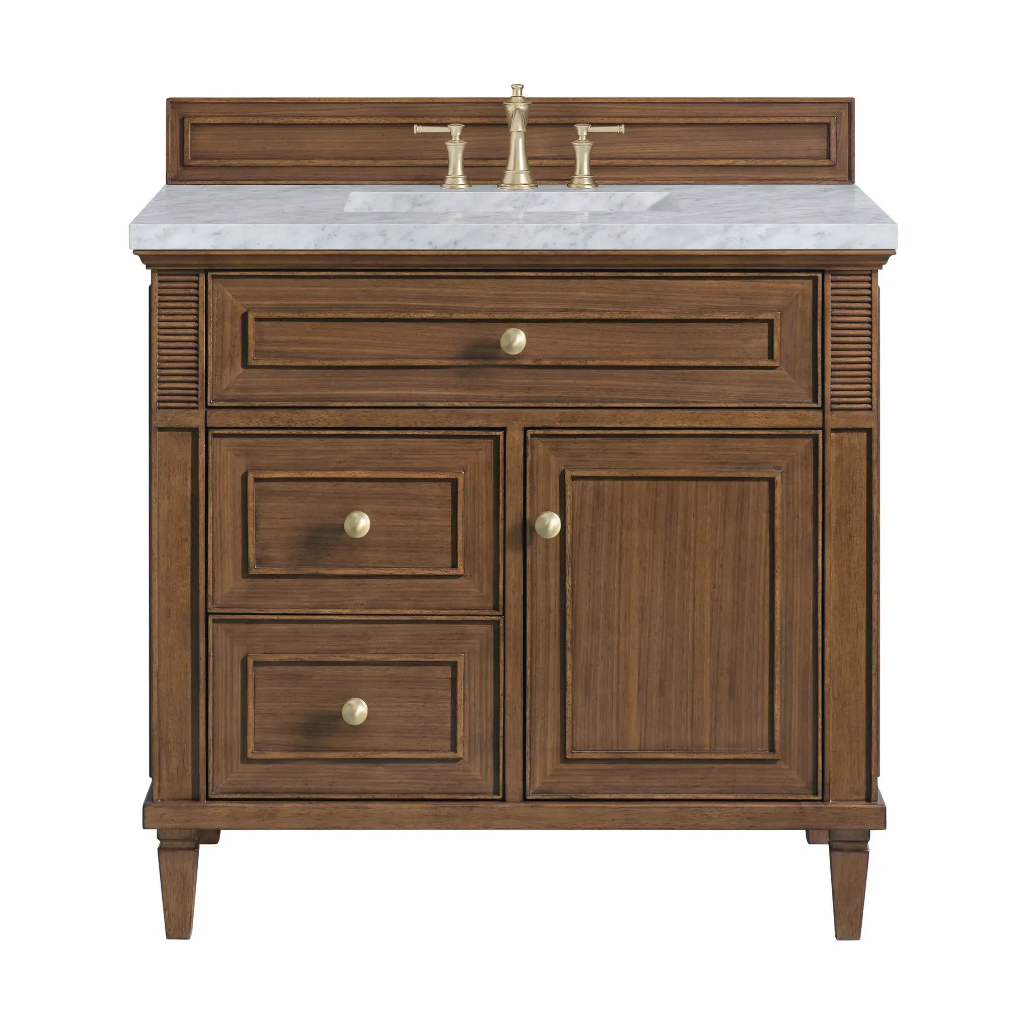 36" Lorelai Single Vanity in Mid-Century Walnut-Carrara White Marble-8" Widespread image