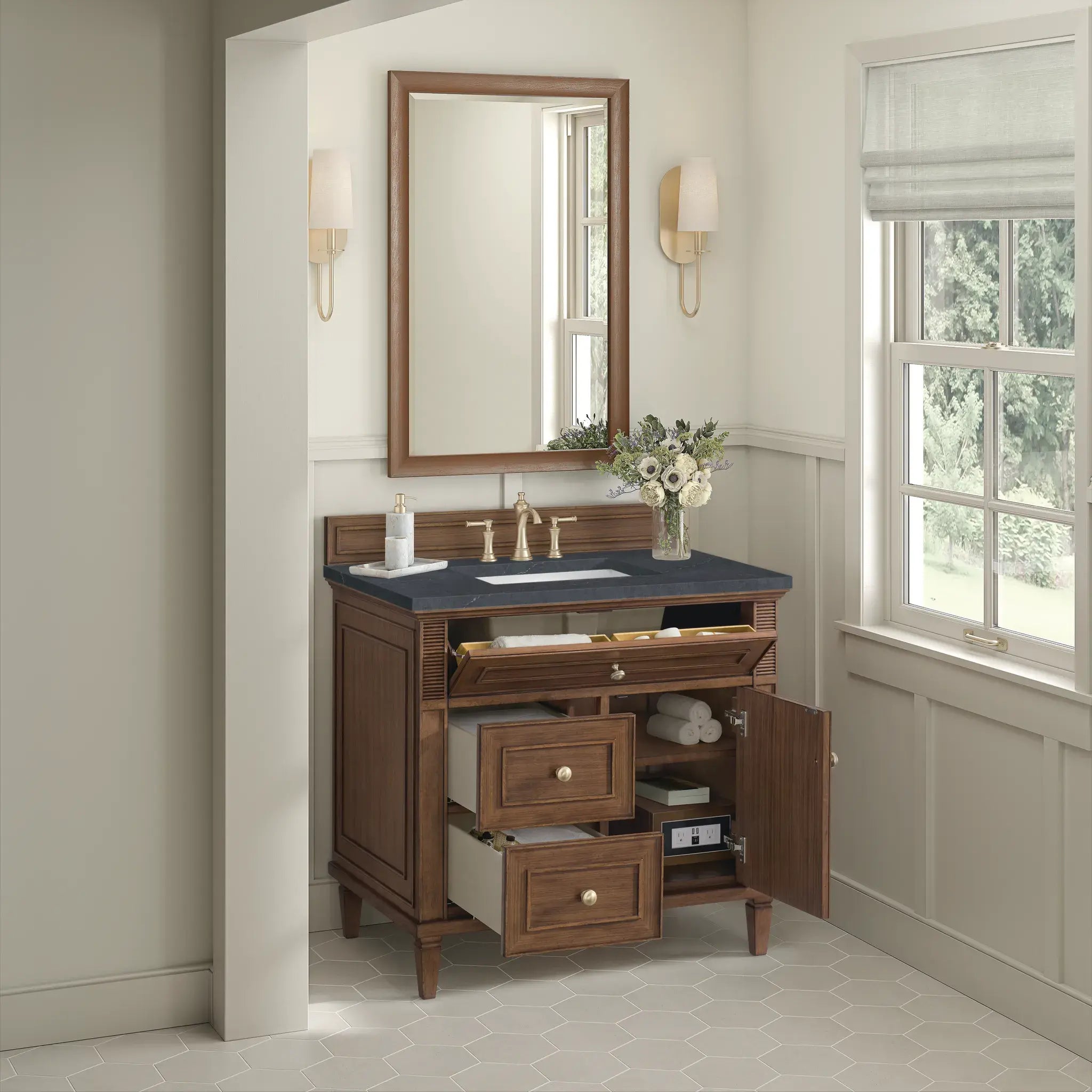 36" Lorelai Single Vanity in Mid-Century Walnut-Charcoal Soapstone Silestone-8" Widespread image 4