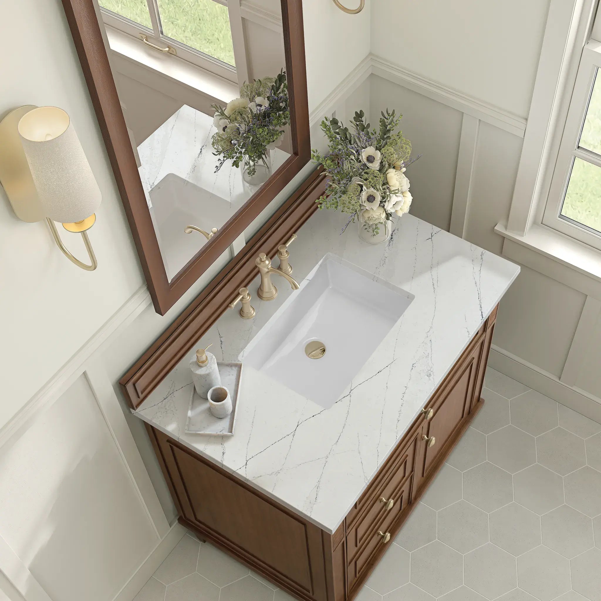36" Lorelai Single Vanity in Mid-Century Walnut-Ethereal Noctis Silestone-8" Widespread image 7