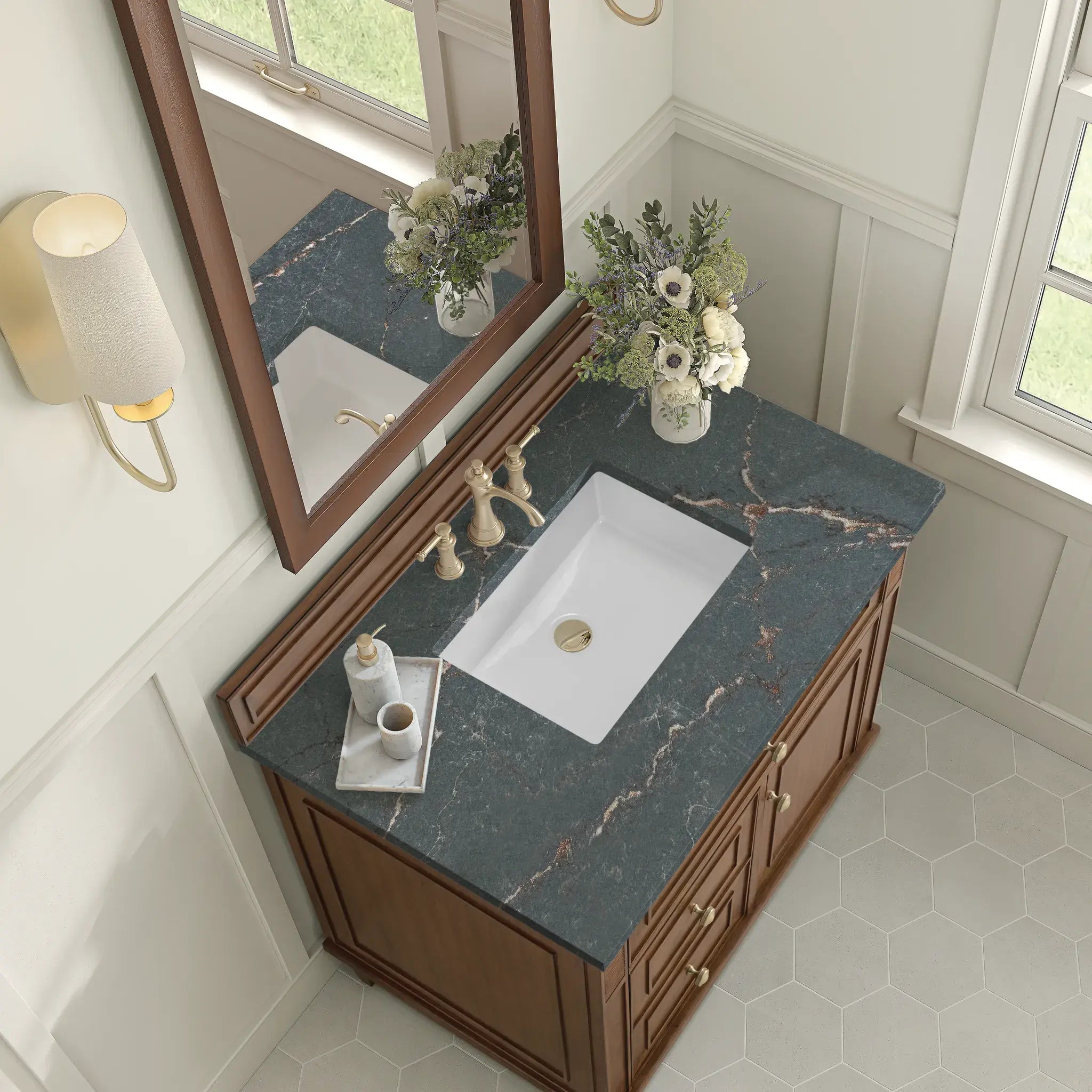 36" Lorelai Single Vanity in Mid-Century Walnut-Parisien Bleu Silestone-8" Widespread image 7