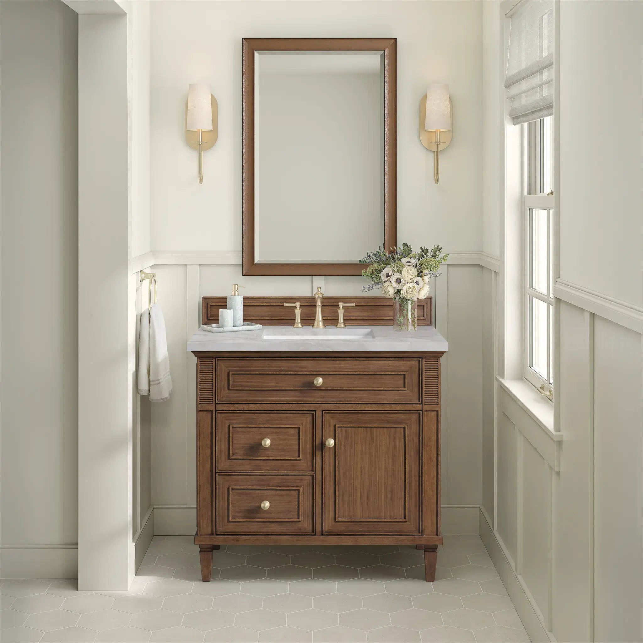 36" Lorelai Single Vanity in Mid-Century Walnut-Victorian Silver Silestone-8" Widespread image 3