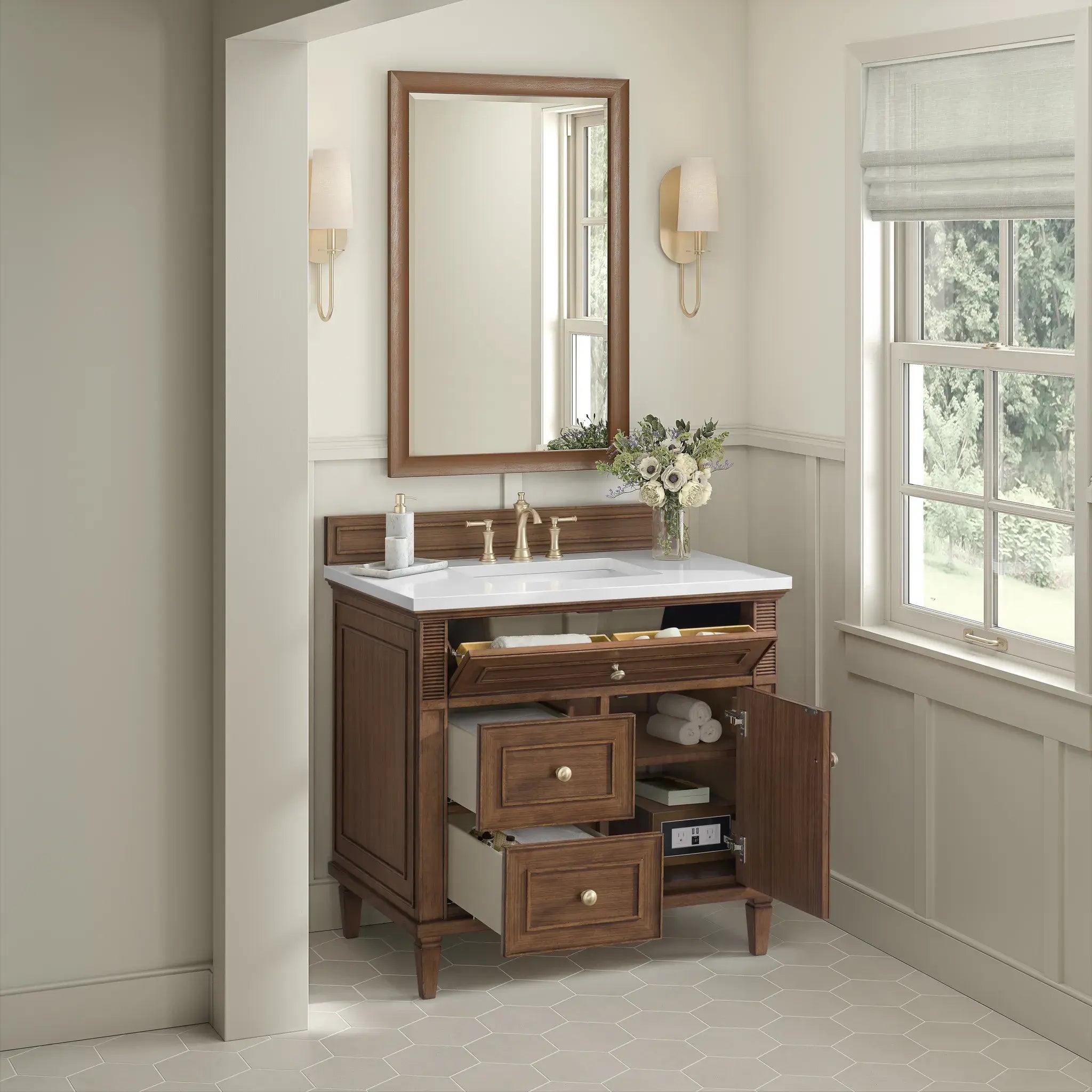 36" Lorelai Single Vanity in Mid-Century Walnut-White Zeus Silestone-8" Widespread image 5