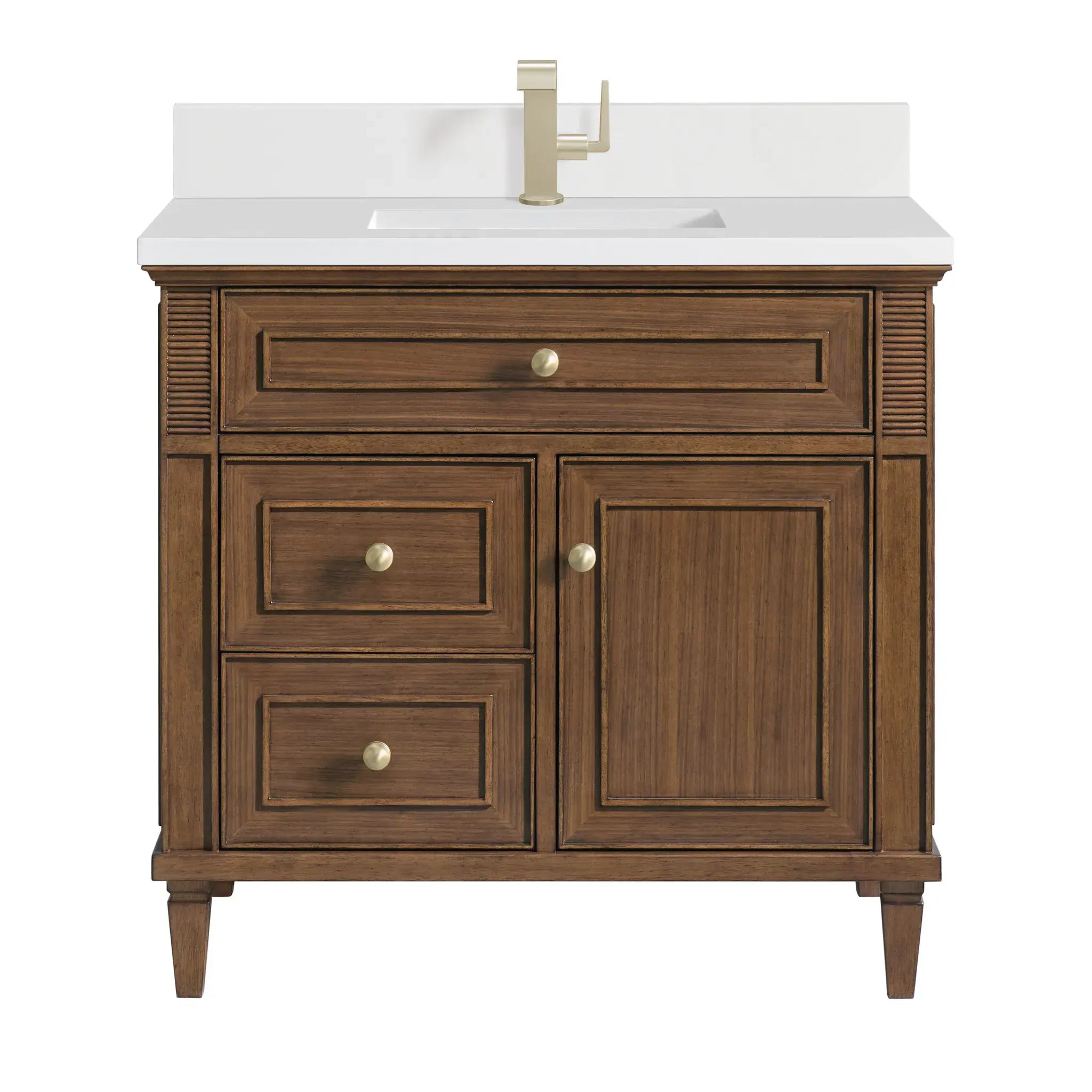 36" Lorelai Single Vanity in Mid-Century Walnut-White Zeus Silestone & Backsplash-Single Hole image