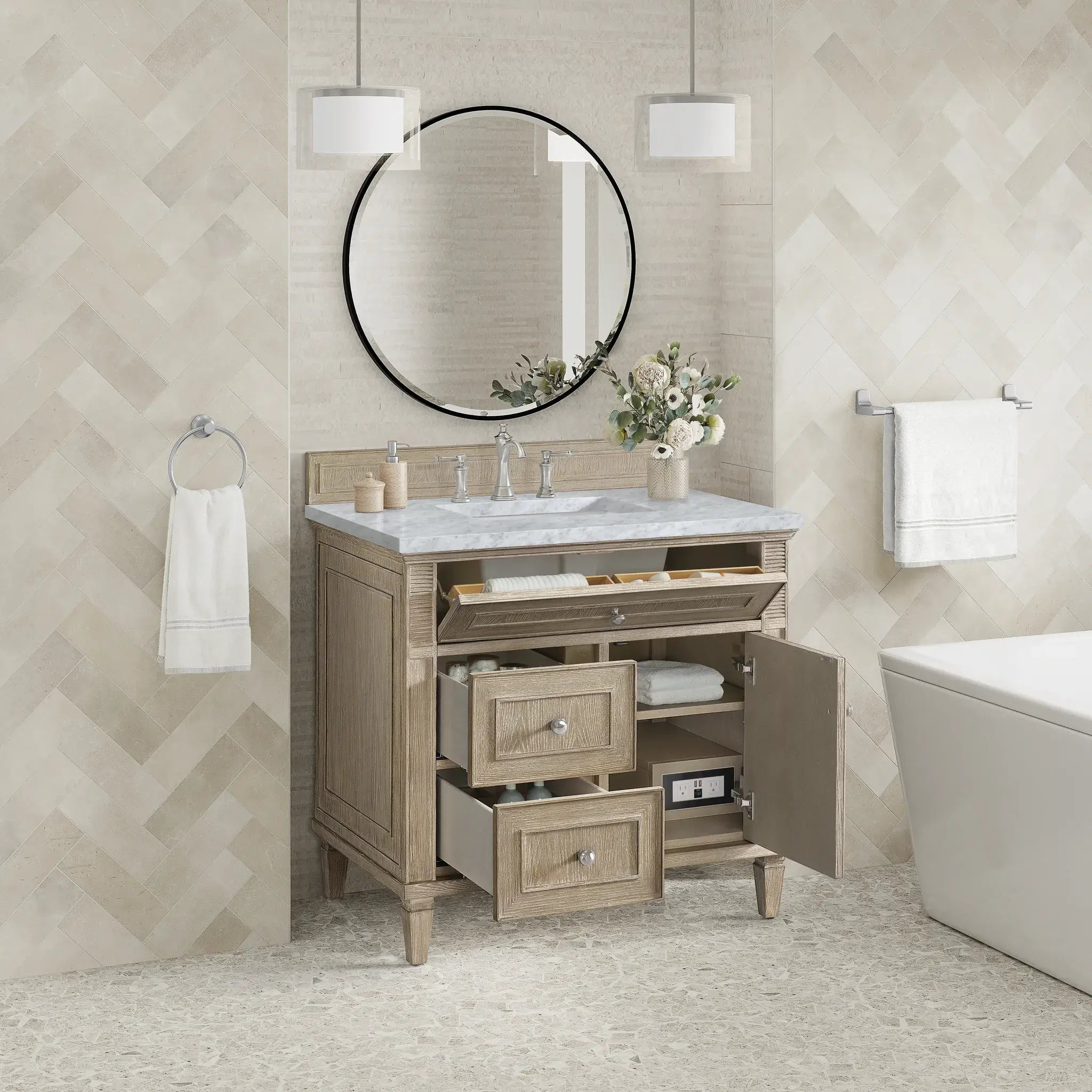 36" Lorelai Single Vanity in Whitewashed Oak-Carrara White Marble-8" Widespread image 4