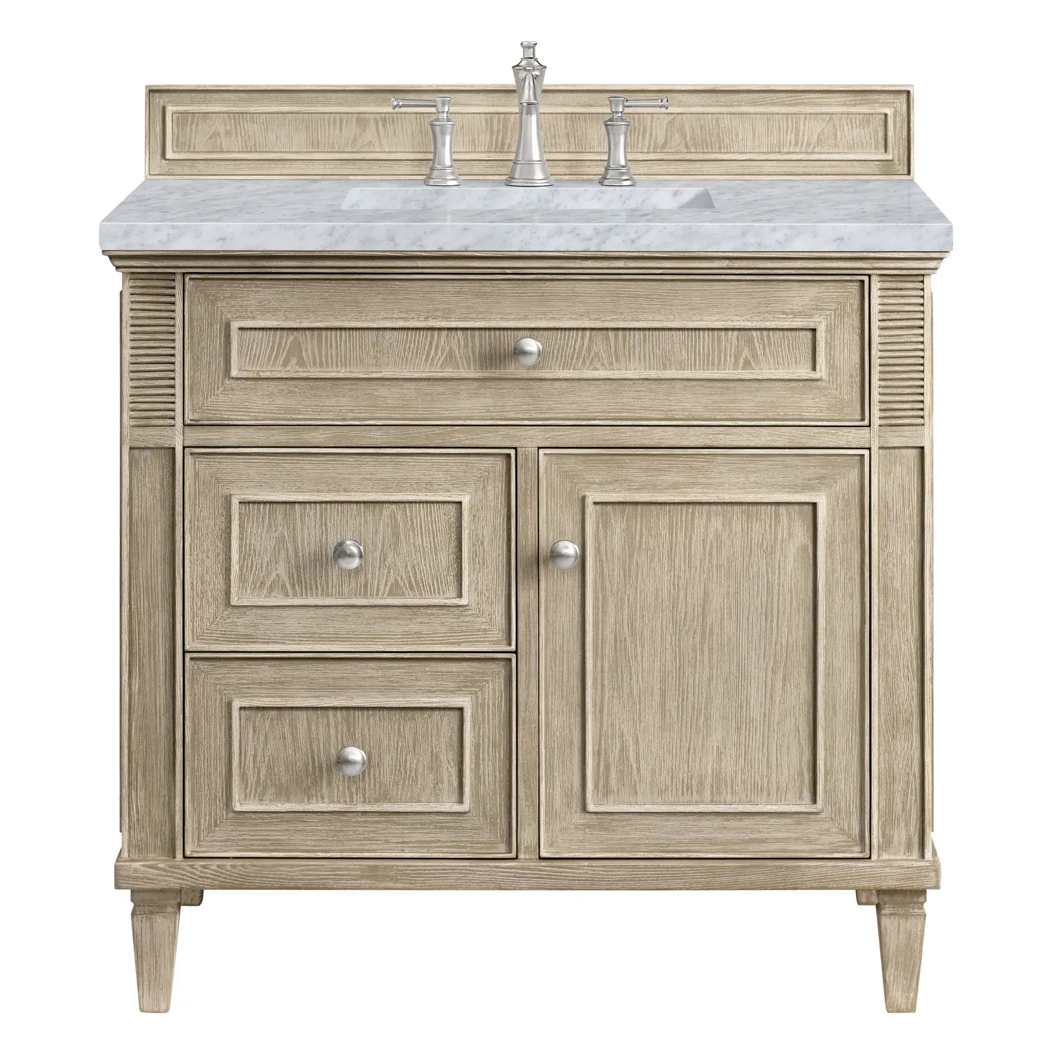 36" Lorelai Single Vanity in Whitewashed Oak-Carrara White Marble-8" Widespread image
