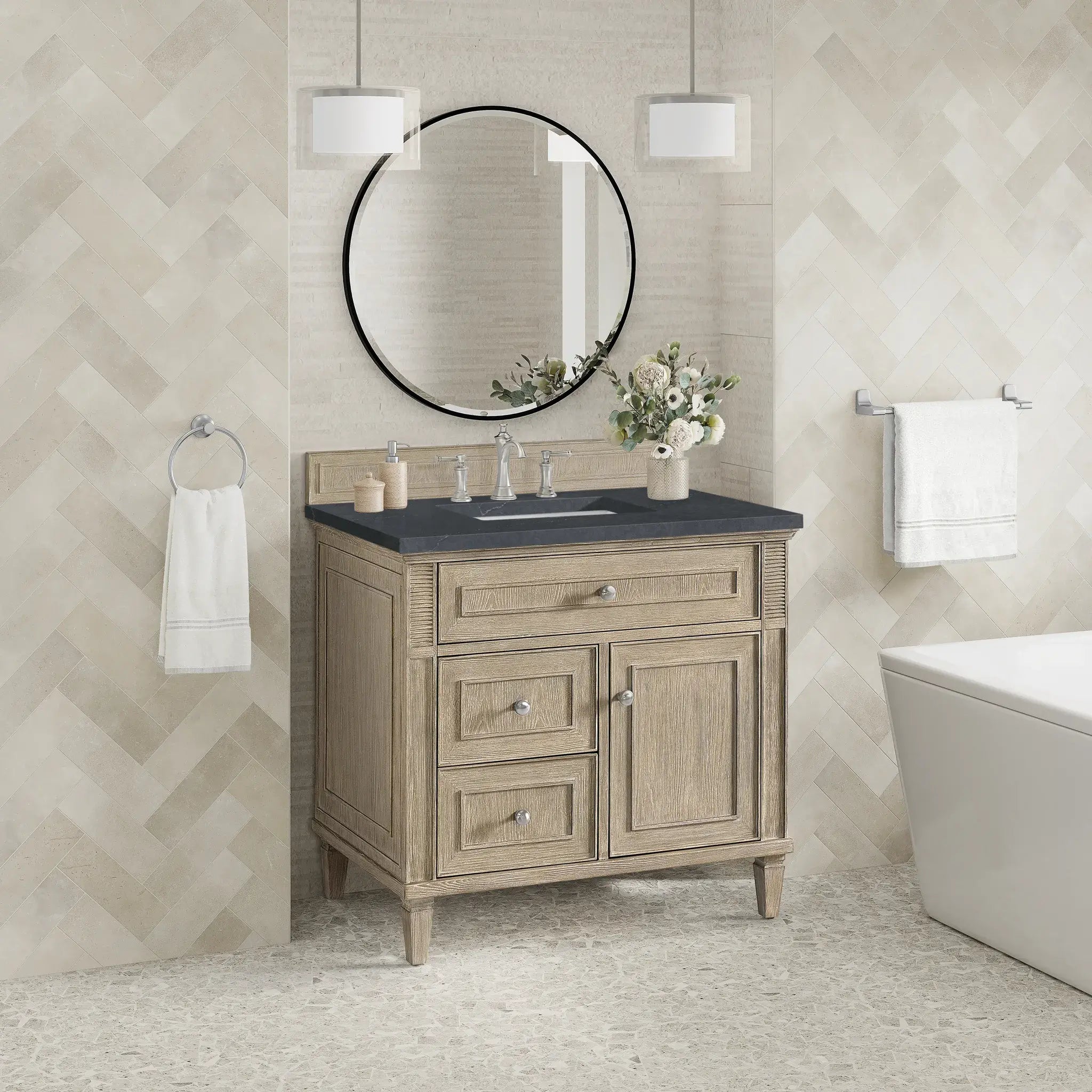 36" Lorelai Single Vanity in Whitewashed Oak-Charcoal Soapstone Silestone-8" Widespread image 2