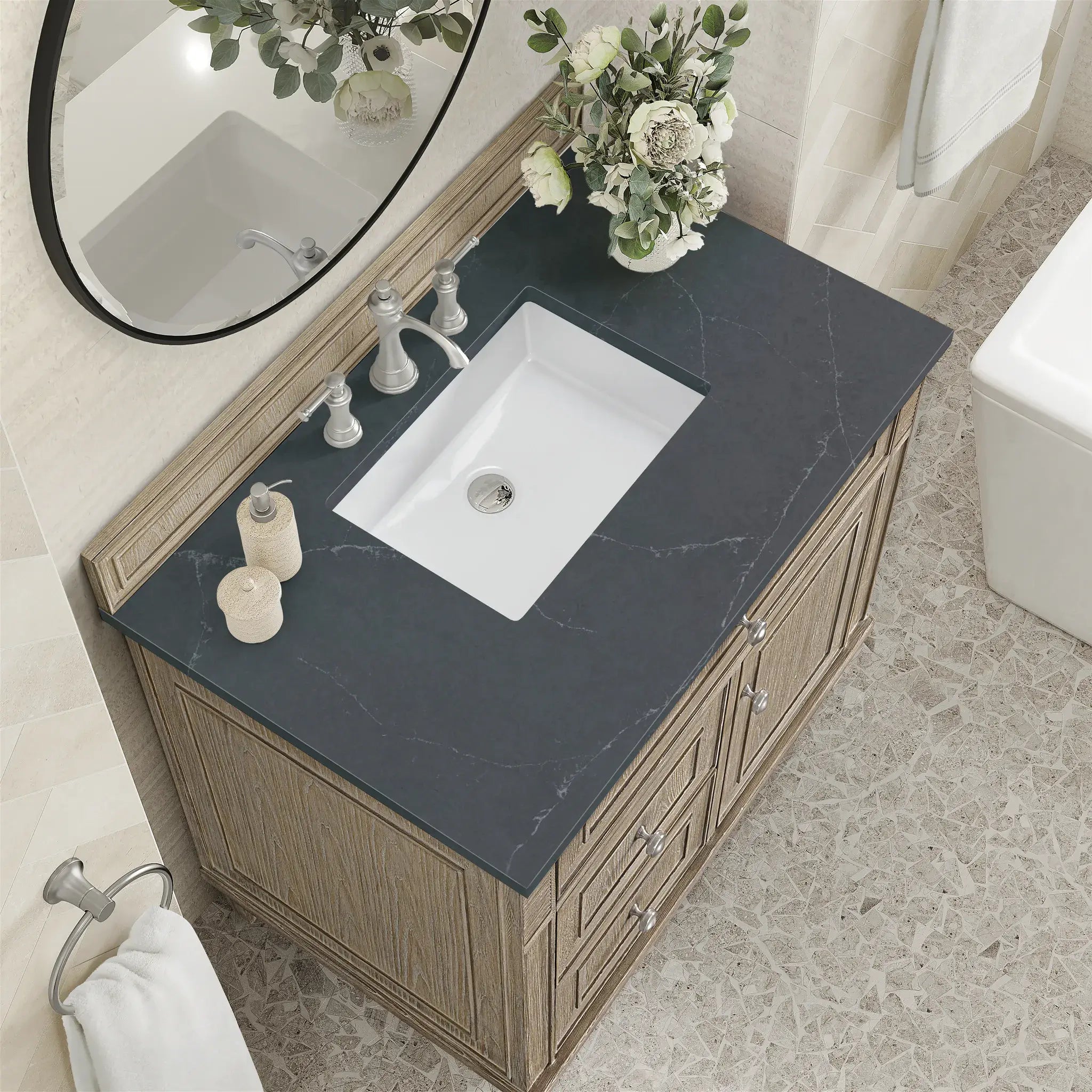 36" Lorelai Single Vanity in Whitewashed Oak-Charcoal Soapstone Silestone-8" Widespread image 4
