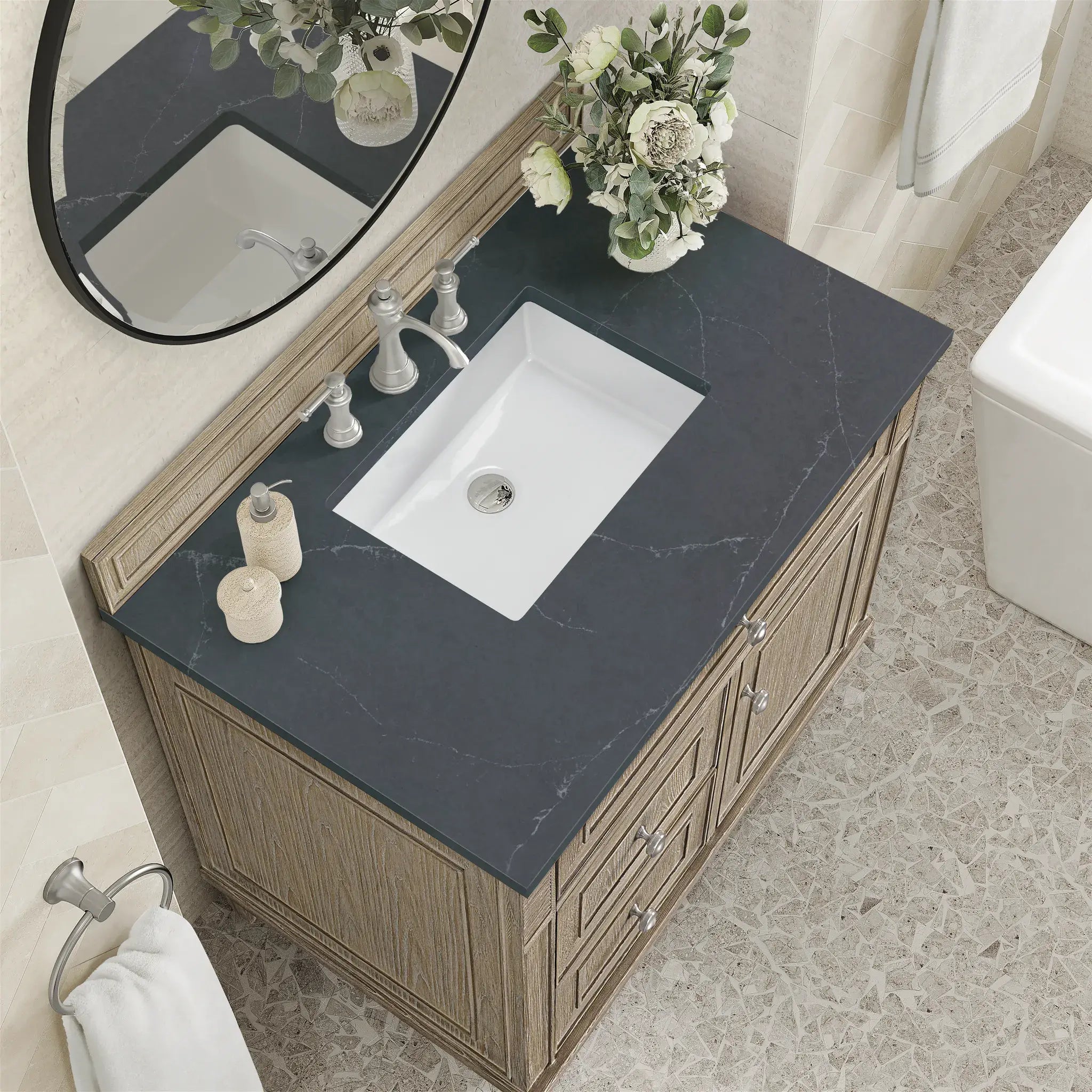 36" Lorelai Single Vanity in Whitewashed Oak-Charcoal Soapstone Silestone-8" Widespread image 5