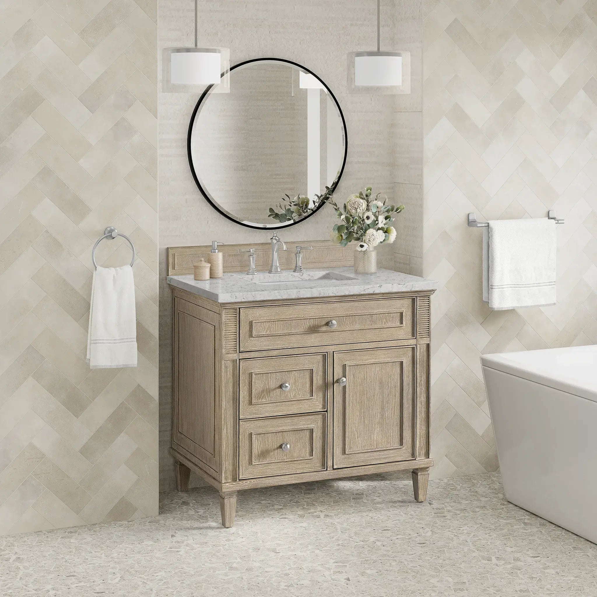 36" Lorelai Single Vanity in Whitewashed Oak-Eternal Jasmine Pearl Silestone-8" Widespread image 3