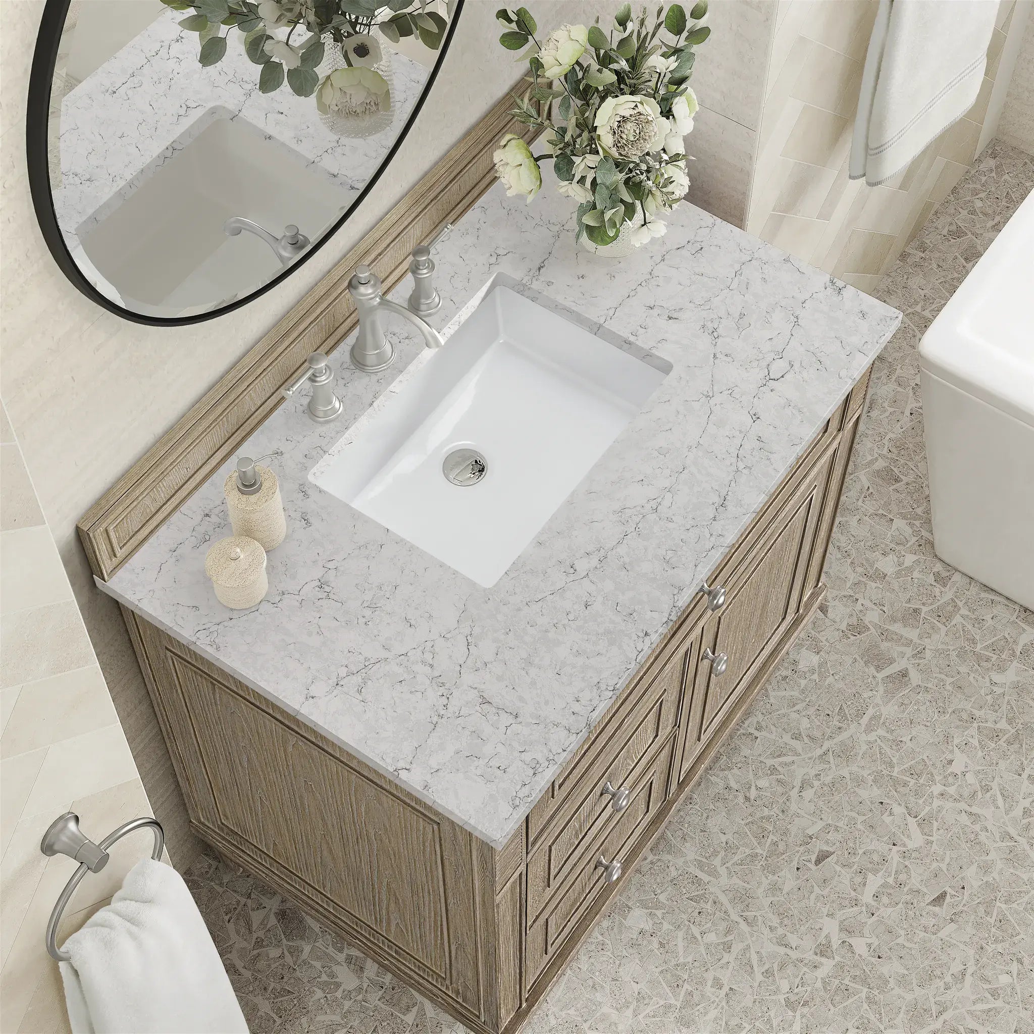 36" Lorelai Single Vanity in Whitewashed Oak-Eternal Jasmine Pearl Silestone-8" Widespread image 6