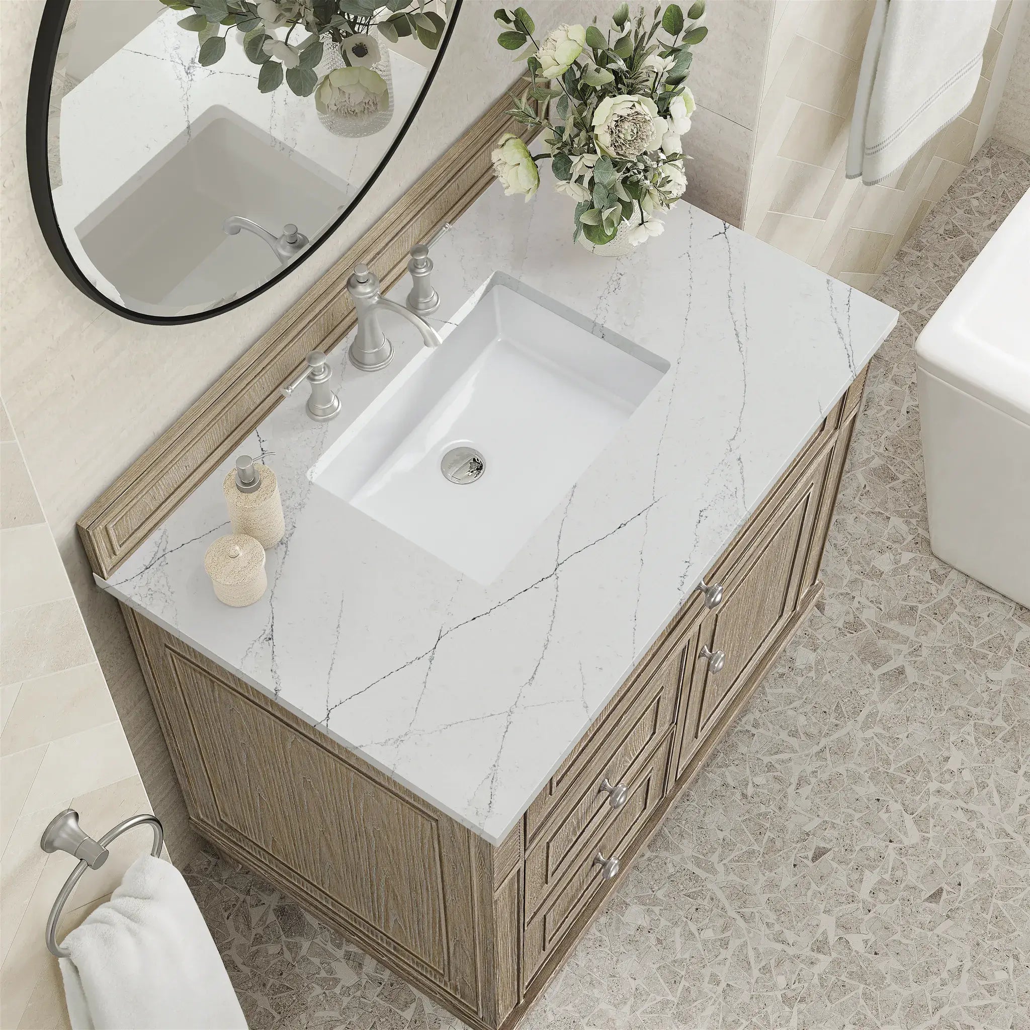 36" Lorelai Single Vanity in Whitewashed Oak-Ethereal Noctis Silestone-8" Widespread image 6
