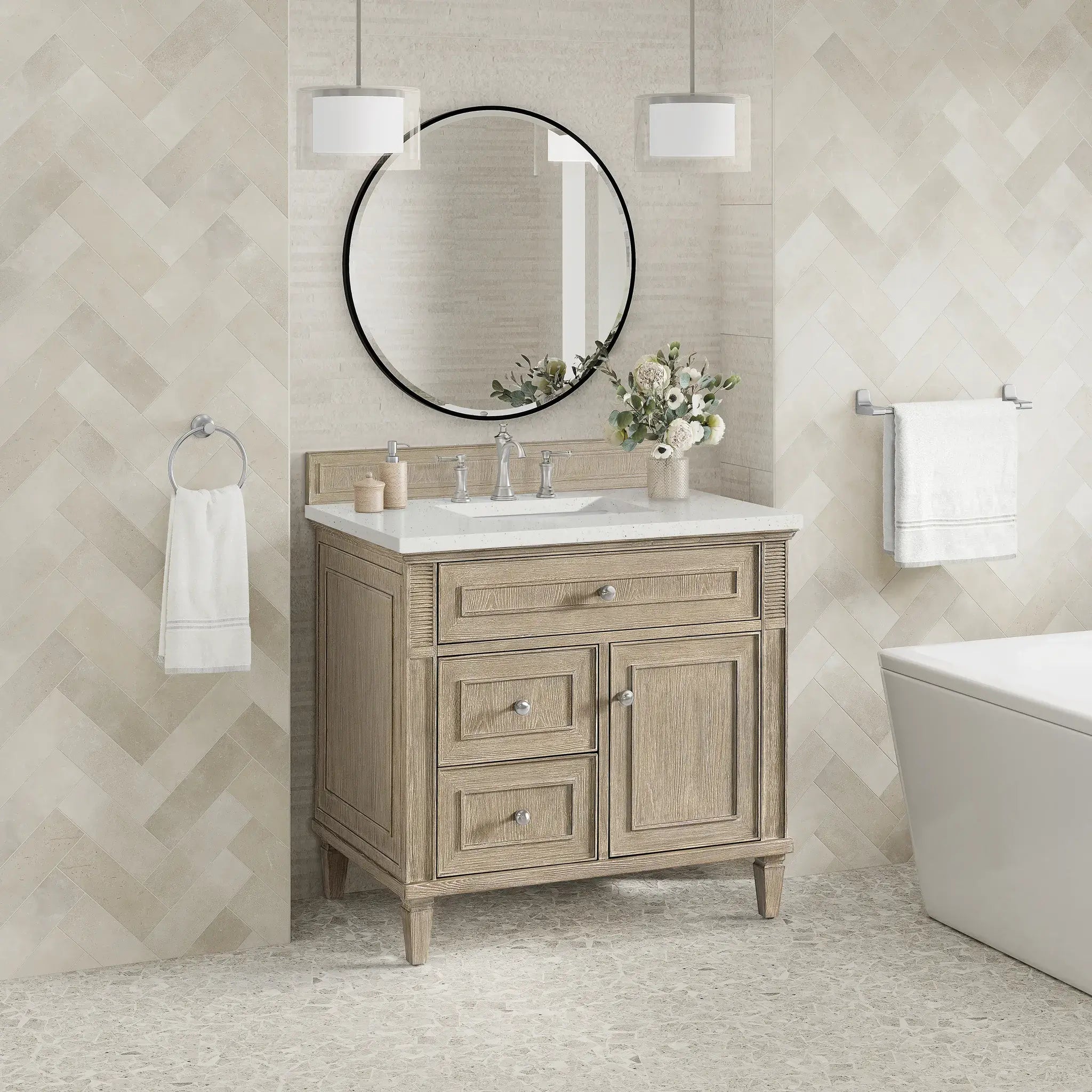 36" Lorelai Single Vanity in Whitewashed Oak-Lime Delight Silestone-8" Widespread image 3